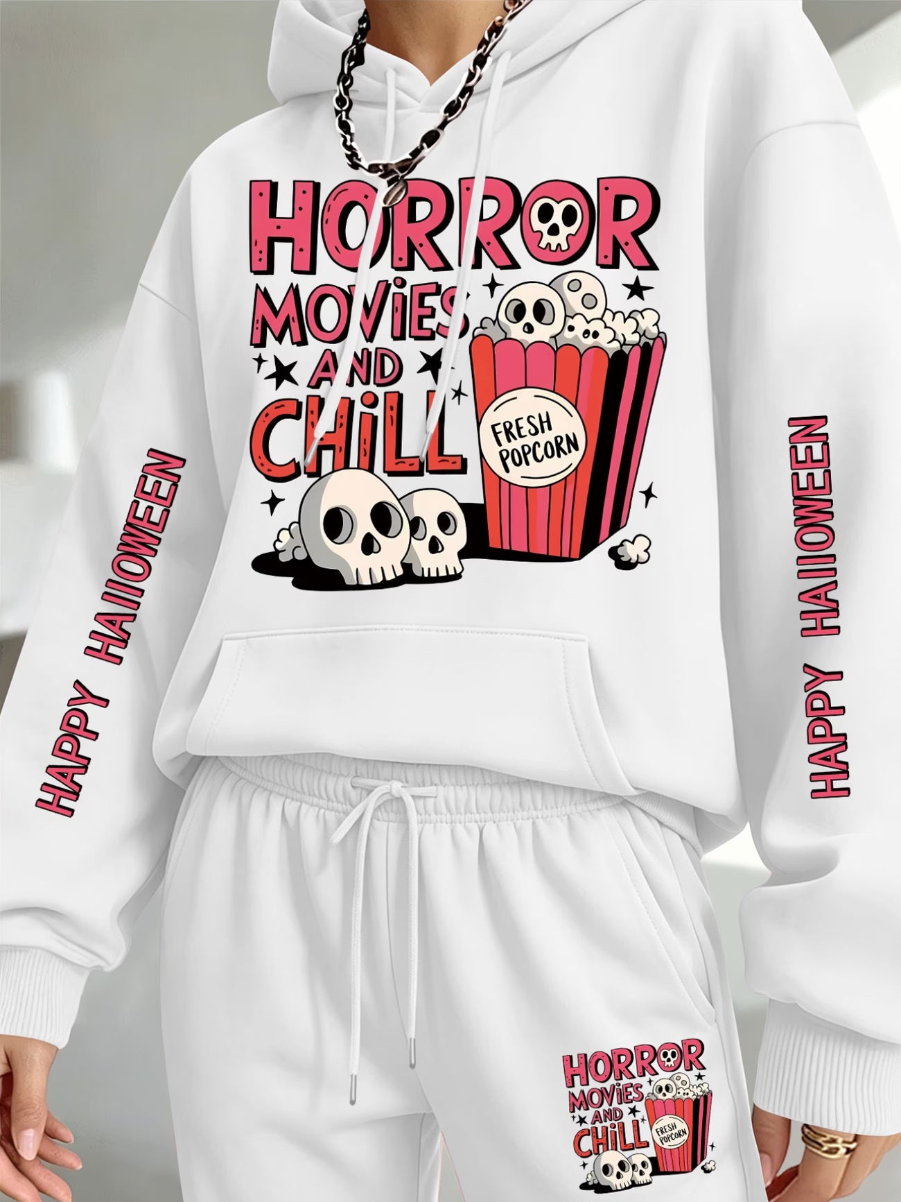 Halloween Skull & Popcorn Hooded Sweatshirt & Joggers Set