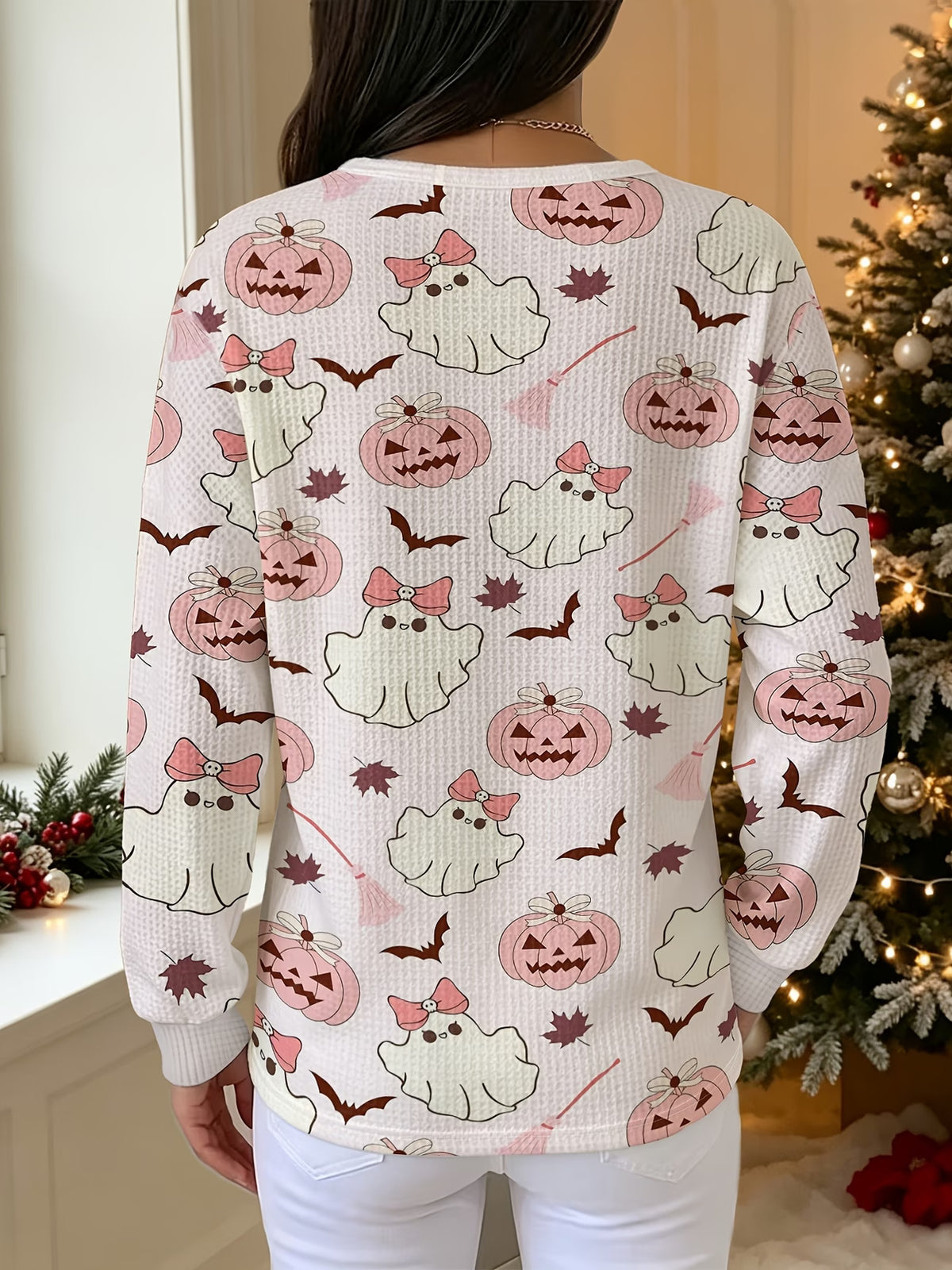 Women’s Halloween Sweatshirt with Pink Pumpkin Print