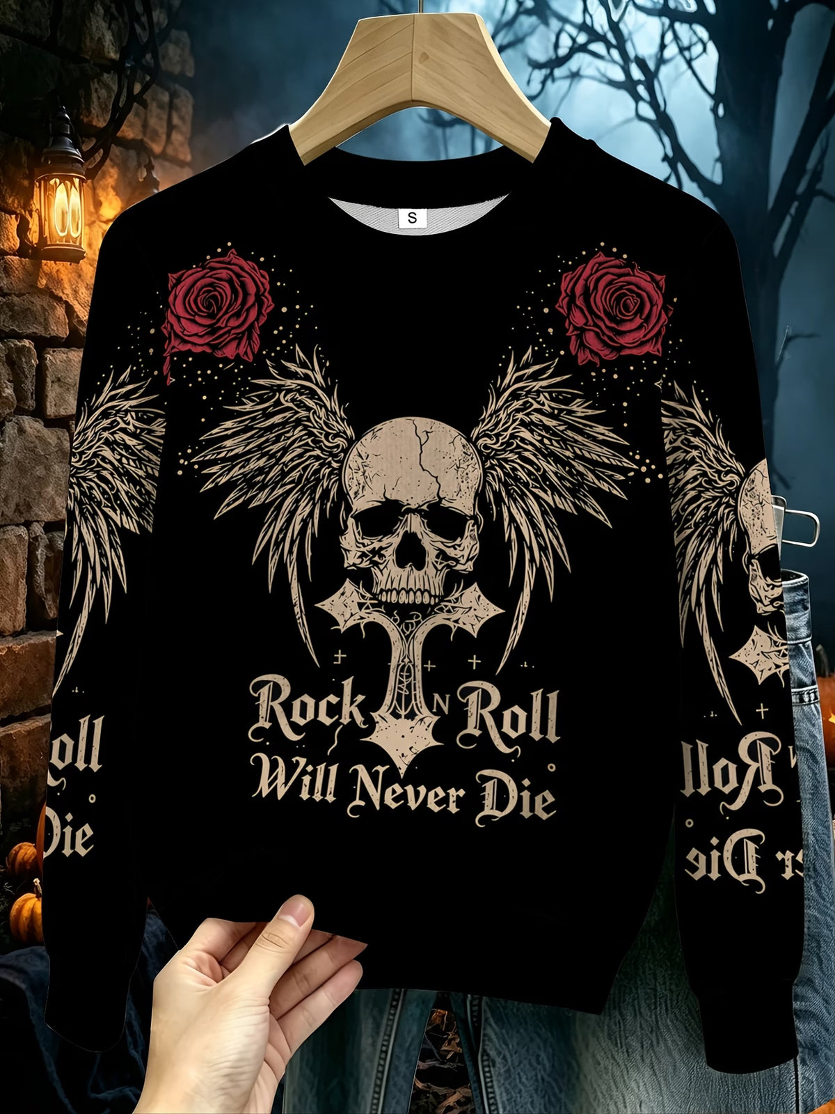 Women's Skull, Wings & Red Rose Print Long-Sleeve Top