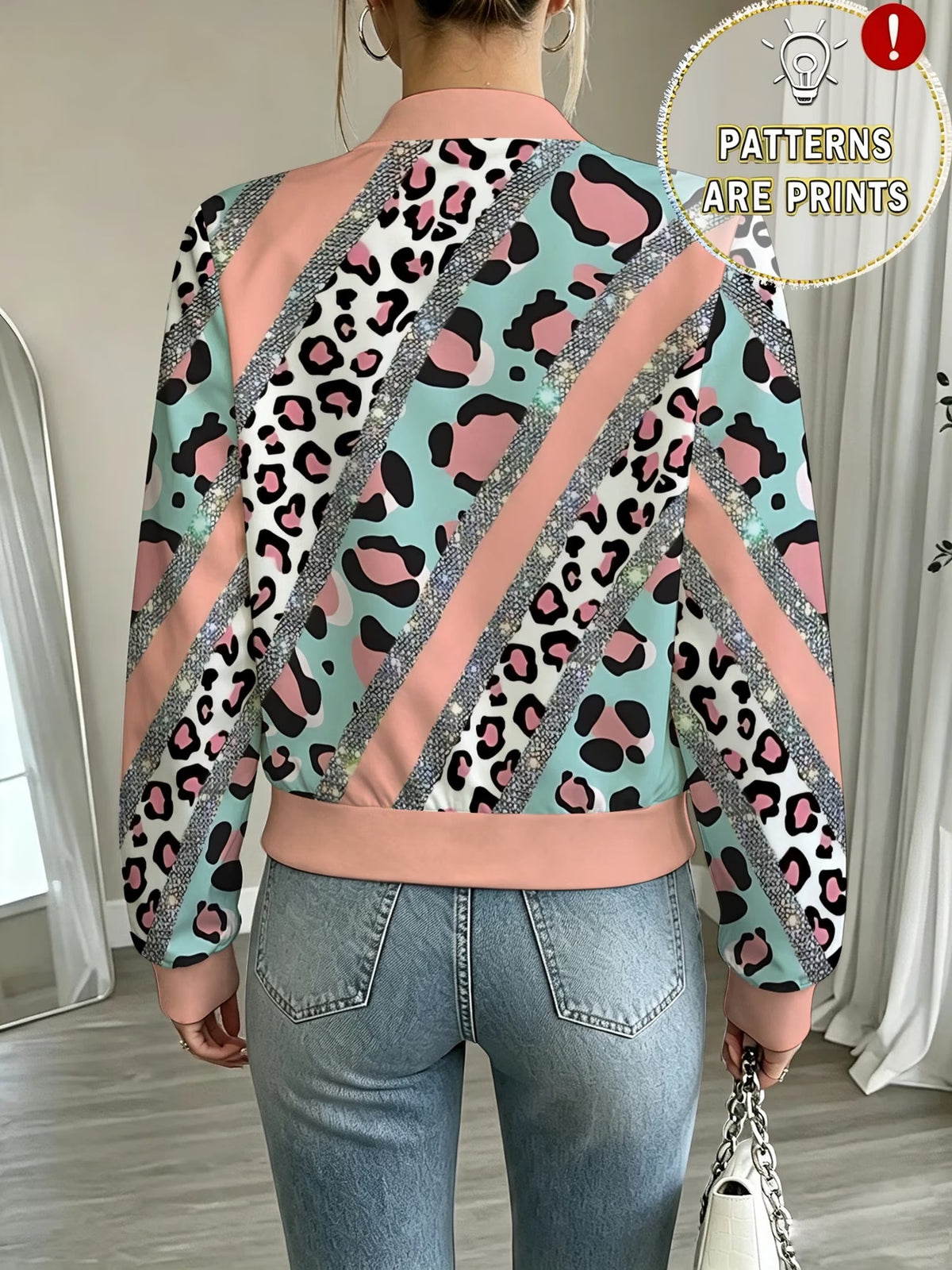Women's Y2K Leopard & Stripe Print Colour-Block Zip-Up Jacket
