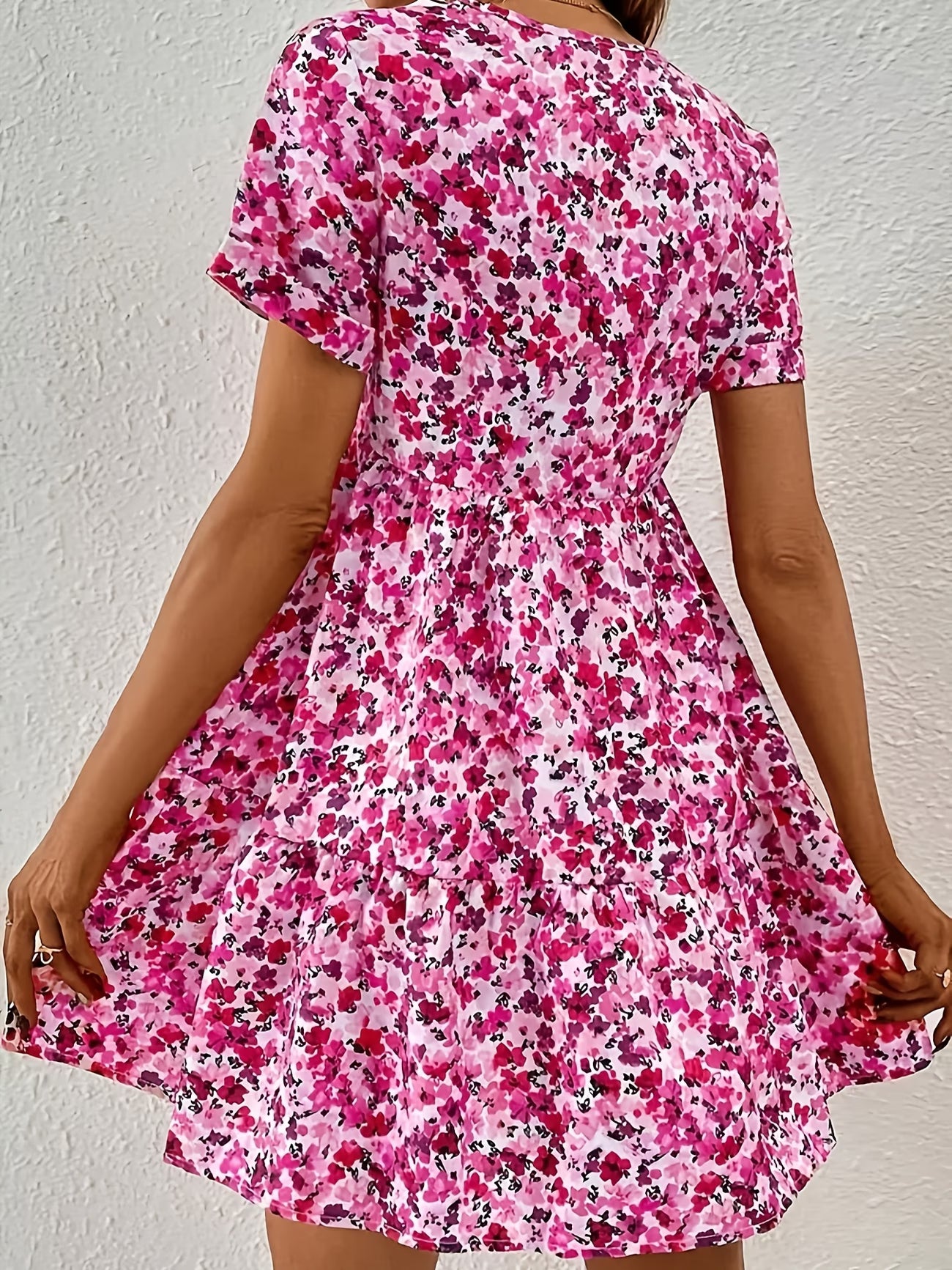 Floral Print V-Neck Cinched Waist Midi Dress