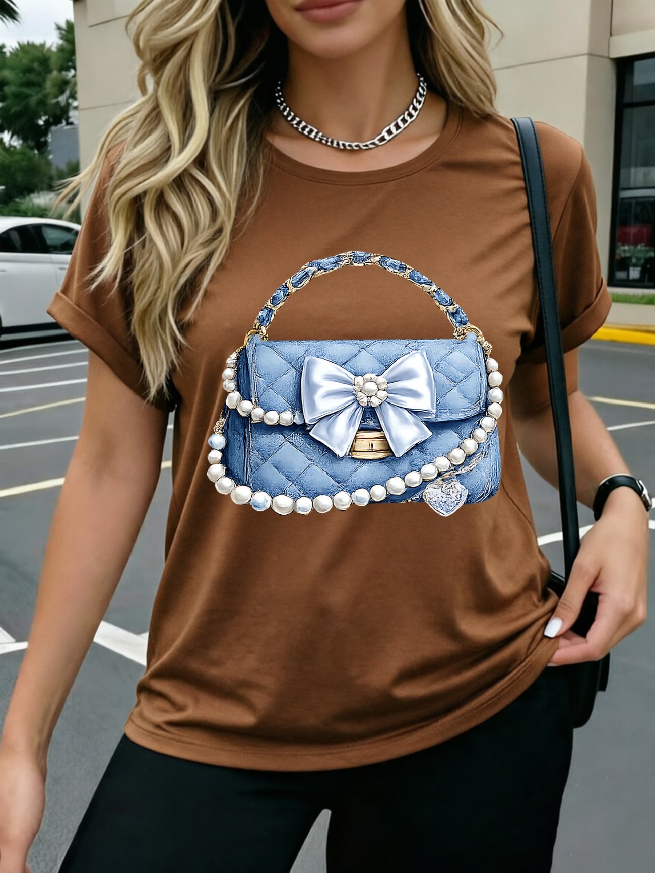 Denim Fabric Soft Denim Pearl Bow Heart T-Shirt