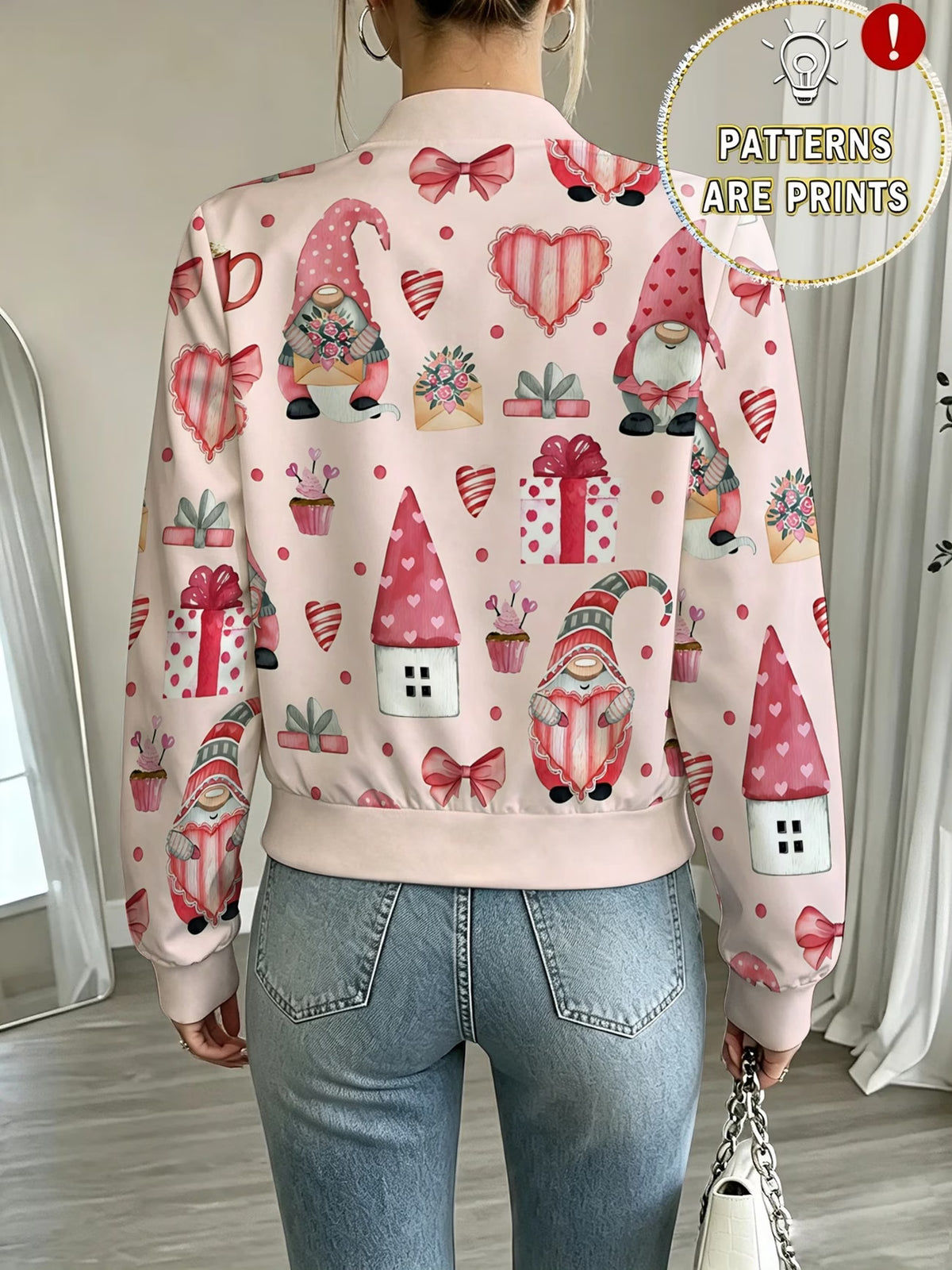 Women's Pink Valentine Gnome & Heart Print Zip-Up Jacket