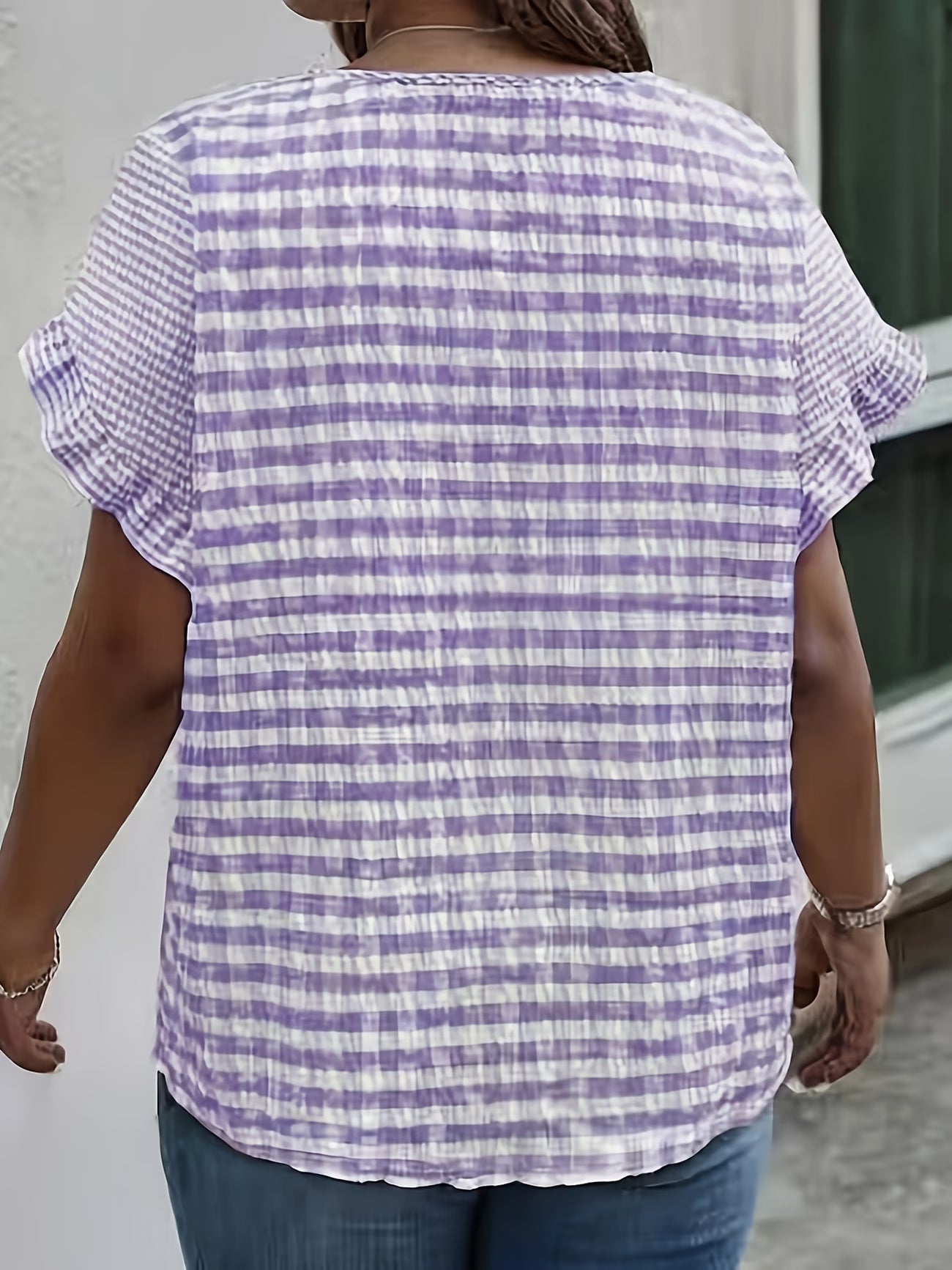 Checkered Short-Sleeve Top with Ruffle Detail