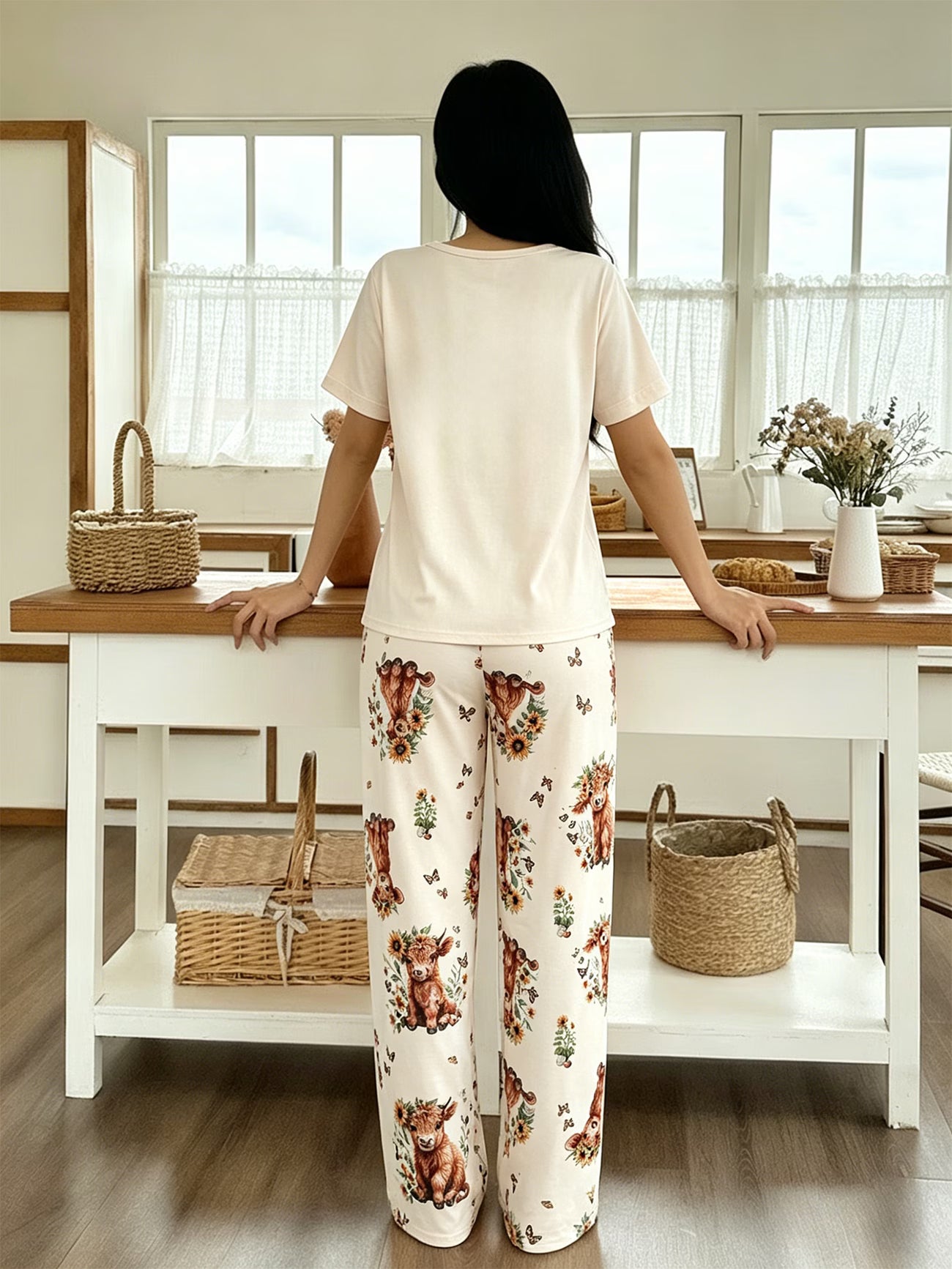 Women's Yosemite Style Pajama Set – Highland Cow, Sunflower & Butterfly Print