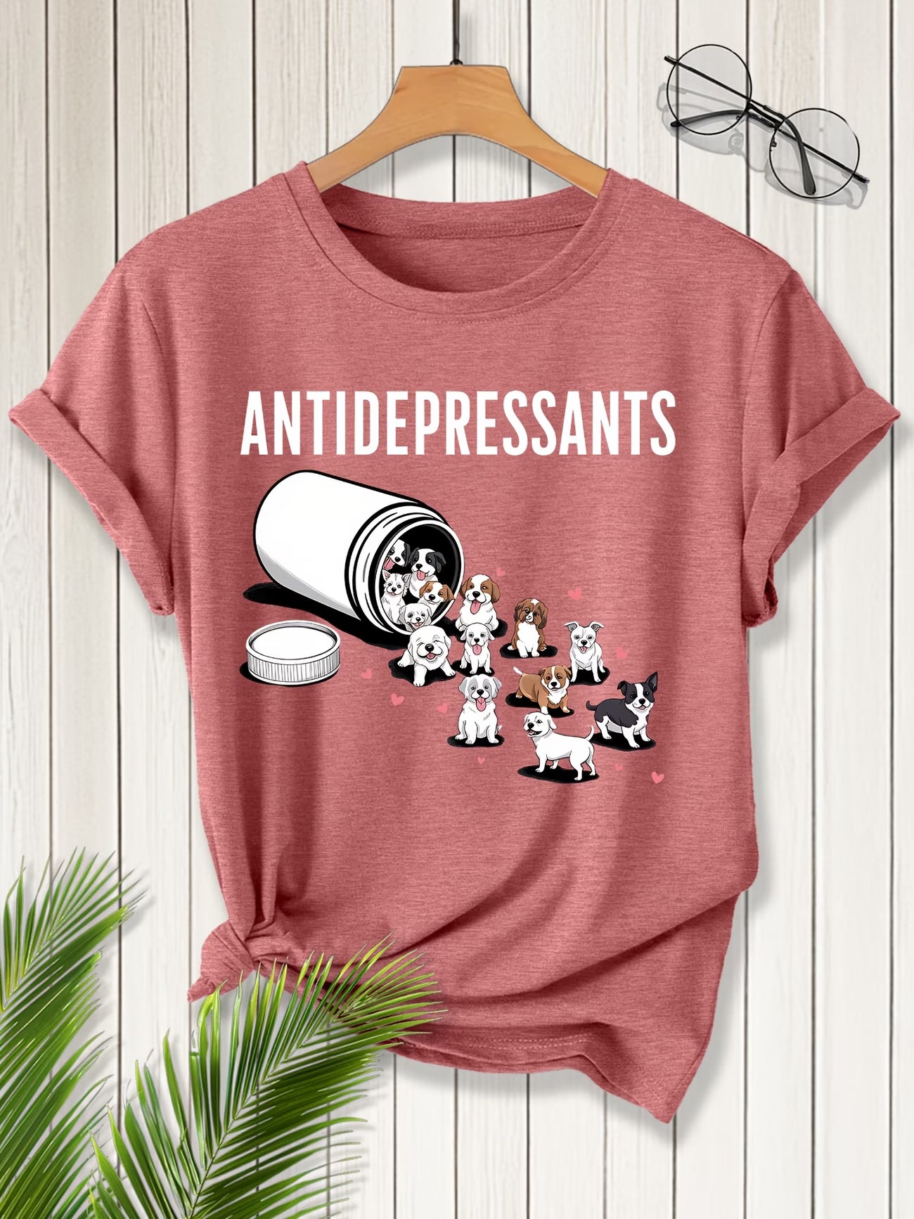 Women's Short Sleeve Cute Puppy "Antidepressant" Print Round Neck T-Shirt