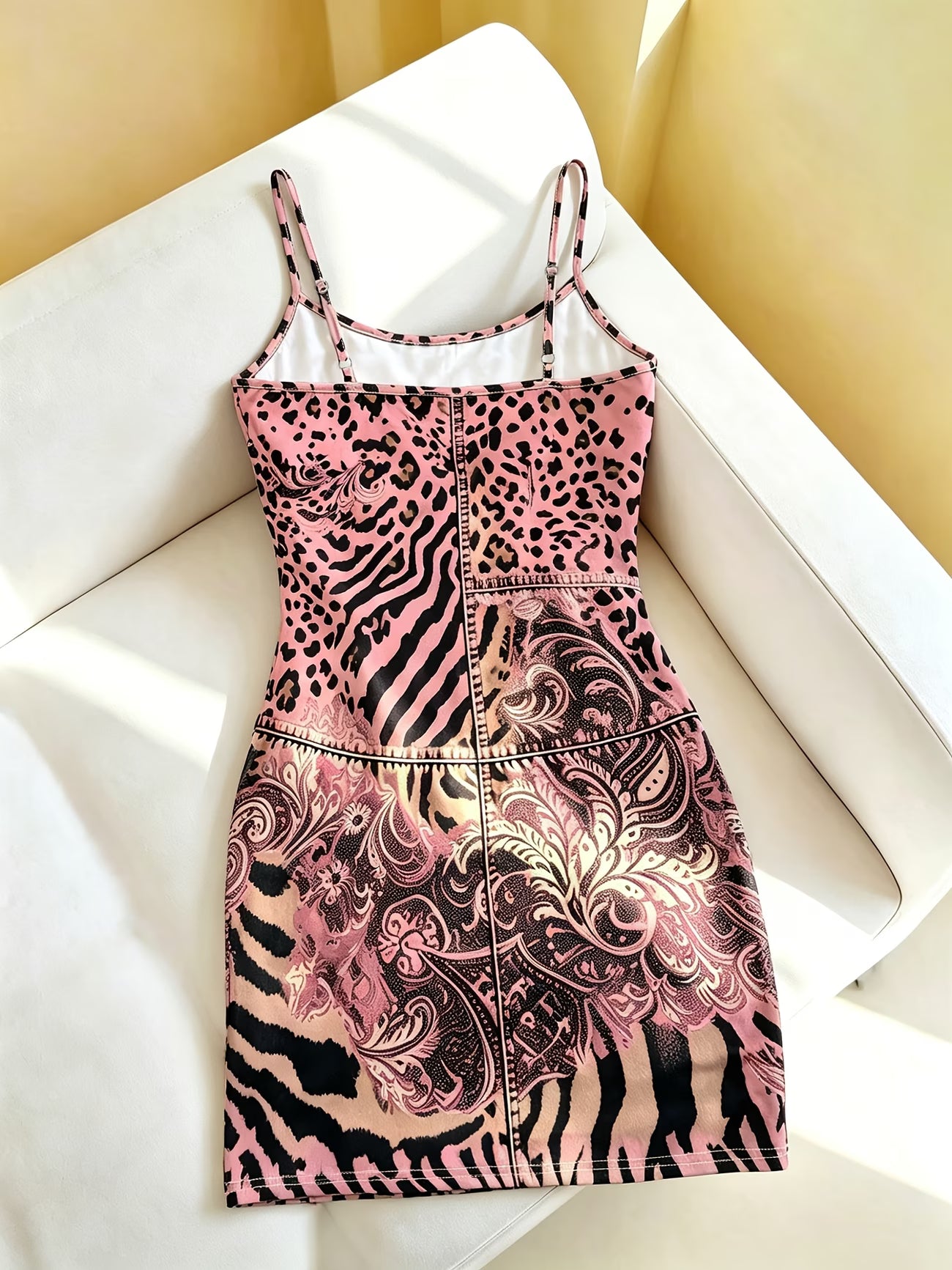 Pink Leopard Print Faux Denim Waist-Cinching A-Line Camisole Dress