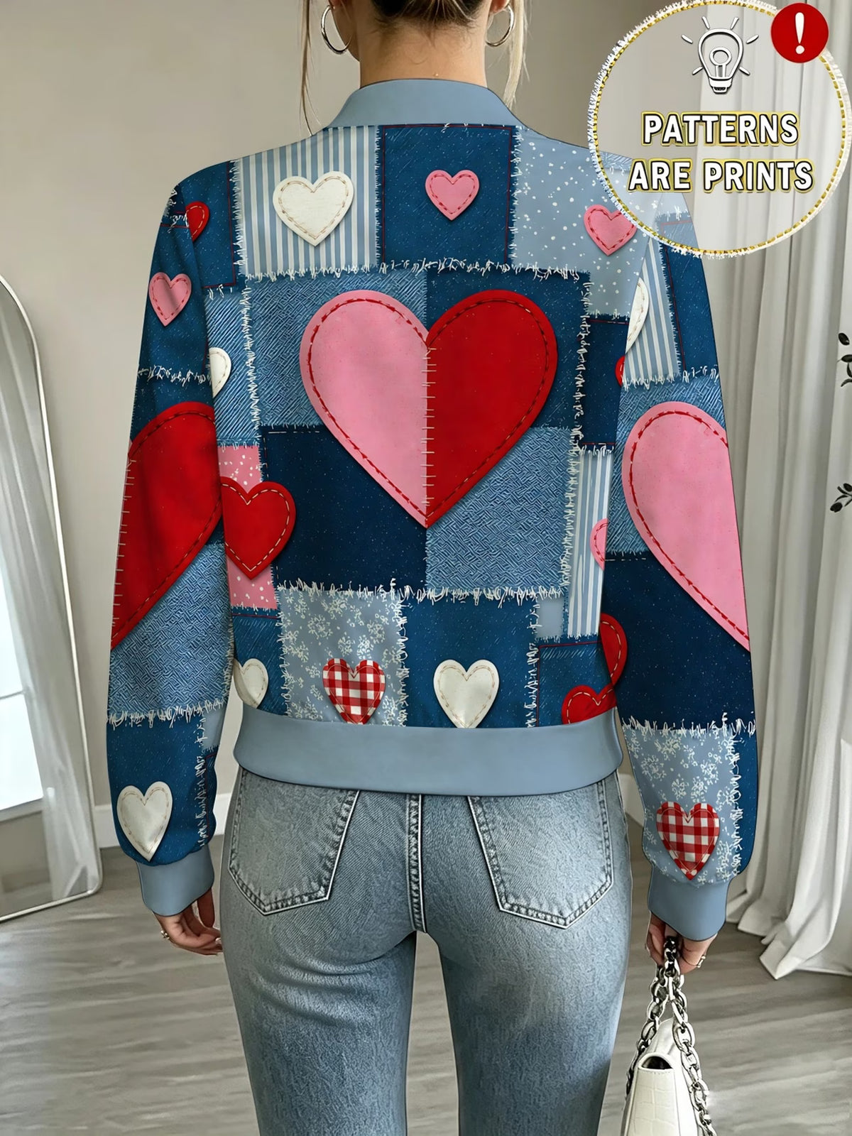 Women's Light Blue Denim-Look Heart Print Zip-Up Jacket