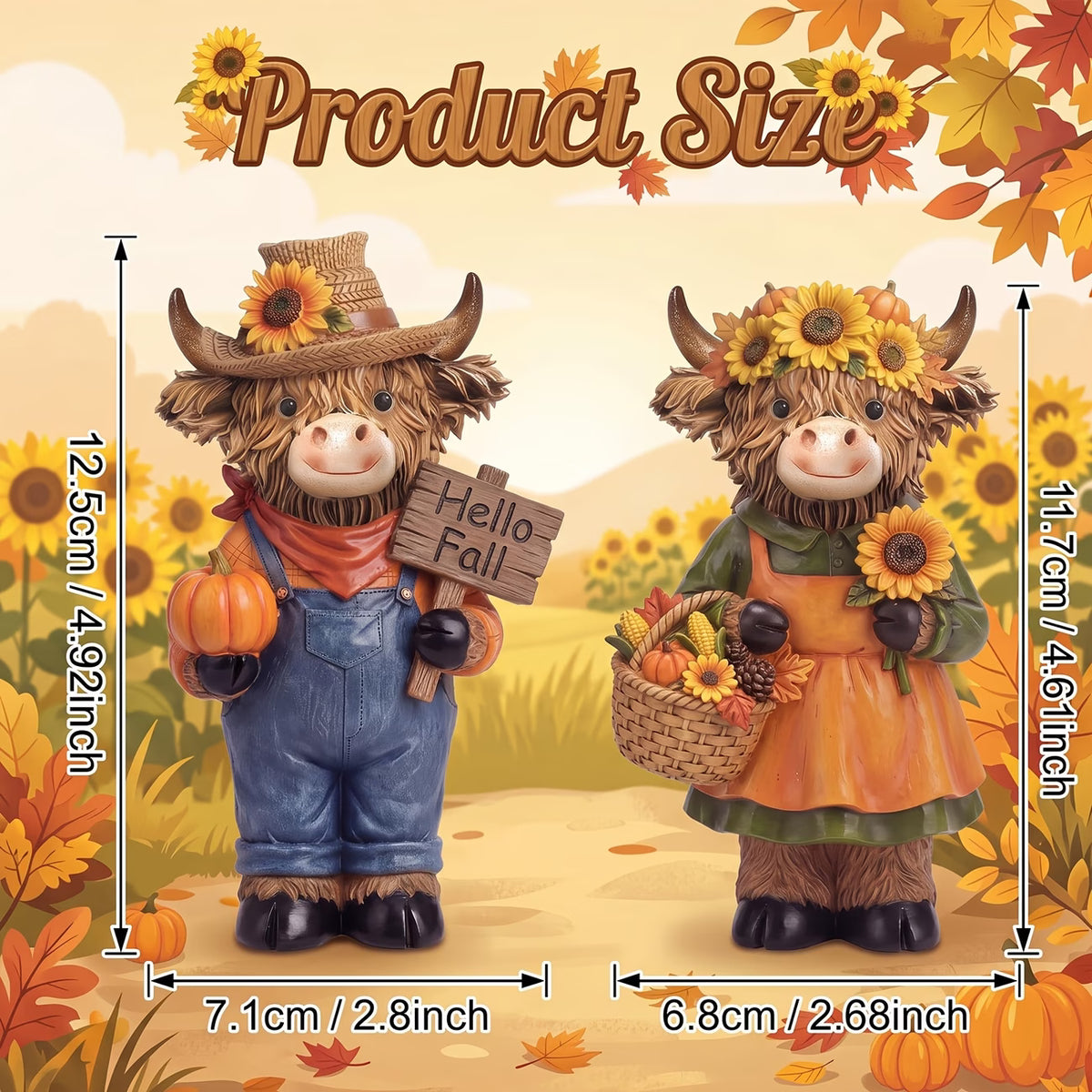 2 Pack Autumn Scottish Highland Cattle Ornaments – Sunflower Harvest Edition