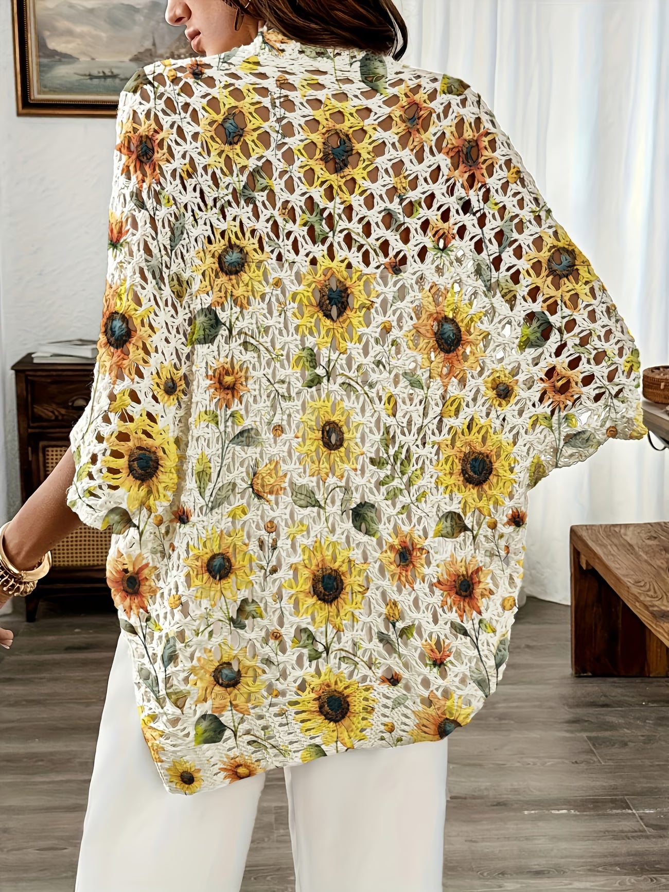 Women's Sunflower Print Hollow-Out Cardigan