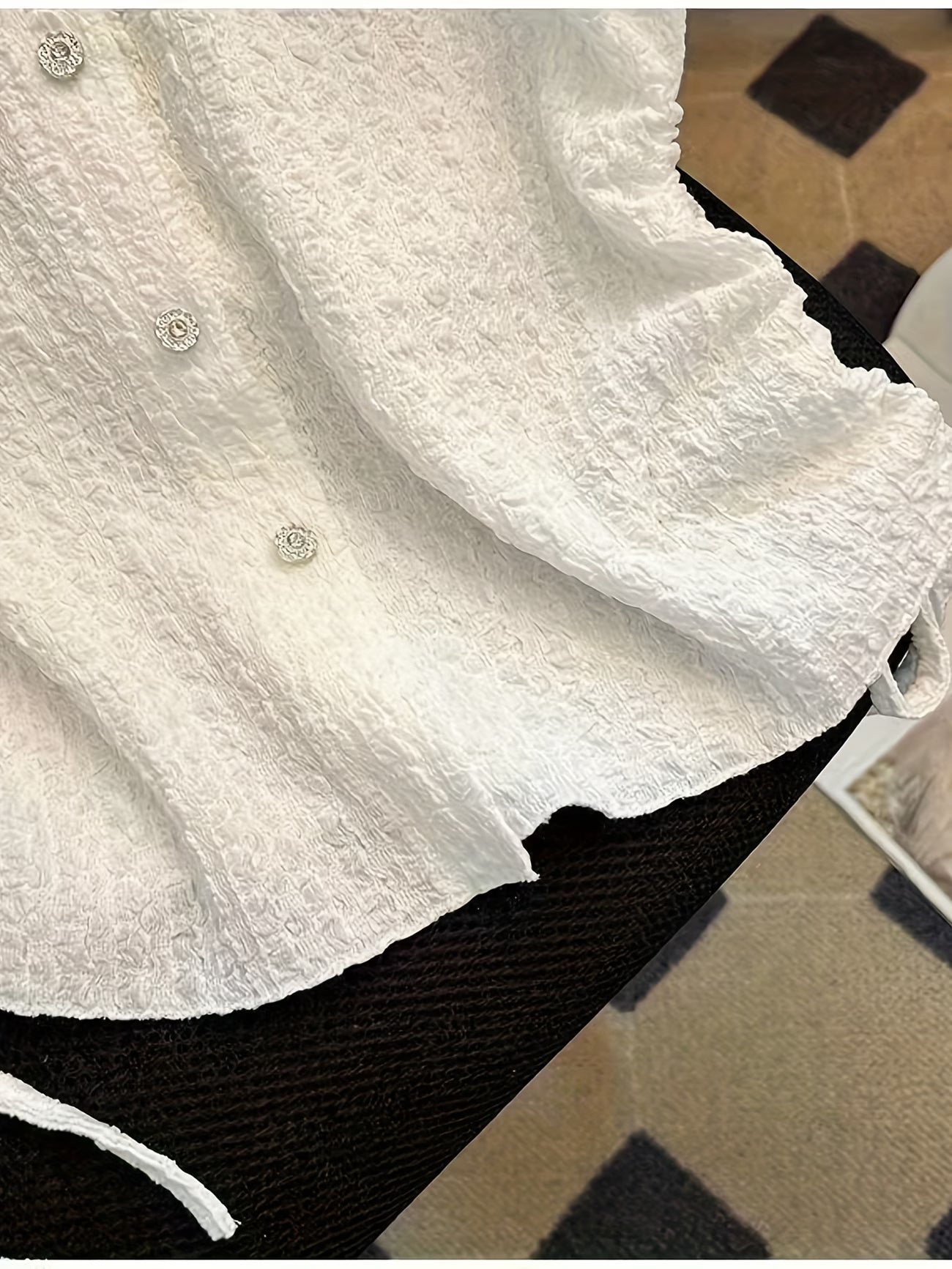 Women's White Drawstring Blouse — Short Sleeve Button Detail | Elastic Waist