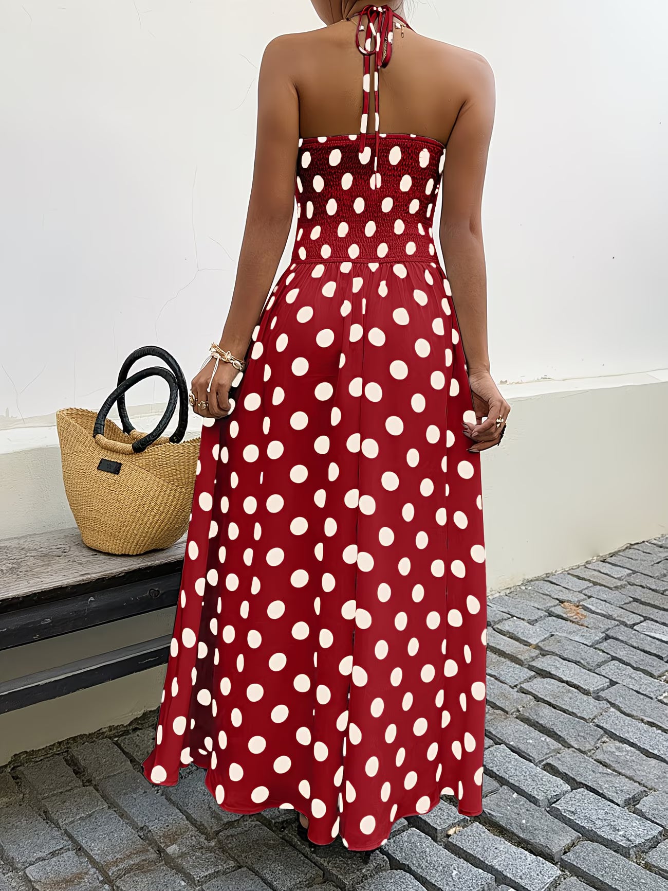 Polka Dot Halter Neck A-Line Dress – Back-Wrap Sleeveless