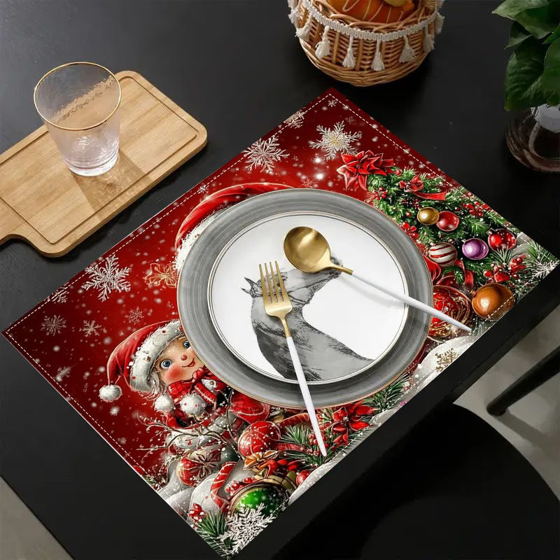 Christmas Table Mats – Set of 8 | Red Snowflake & Santa Placemats (30×45cm)