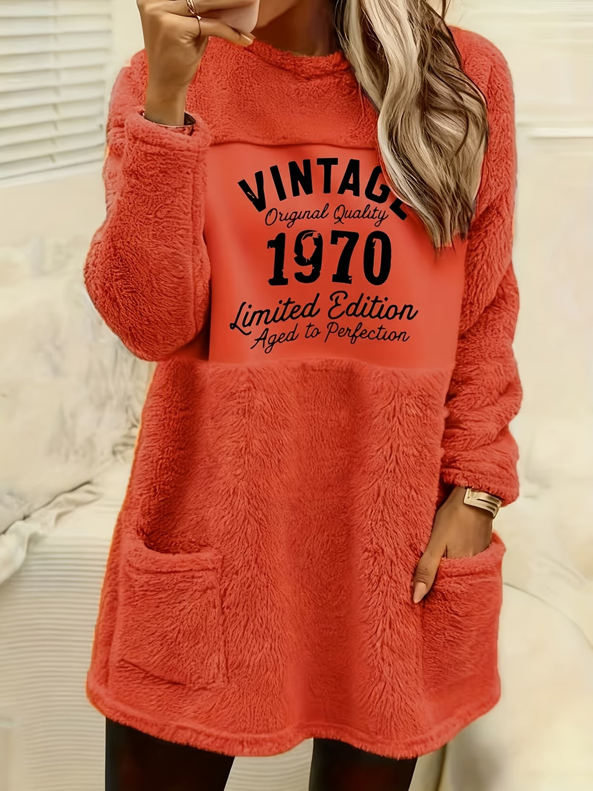 Women's Vintage Letter Print Plush Sweatshirt Dress