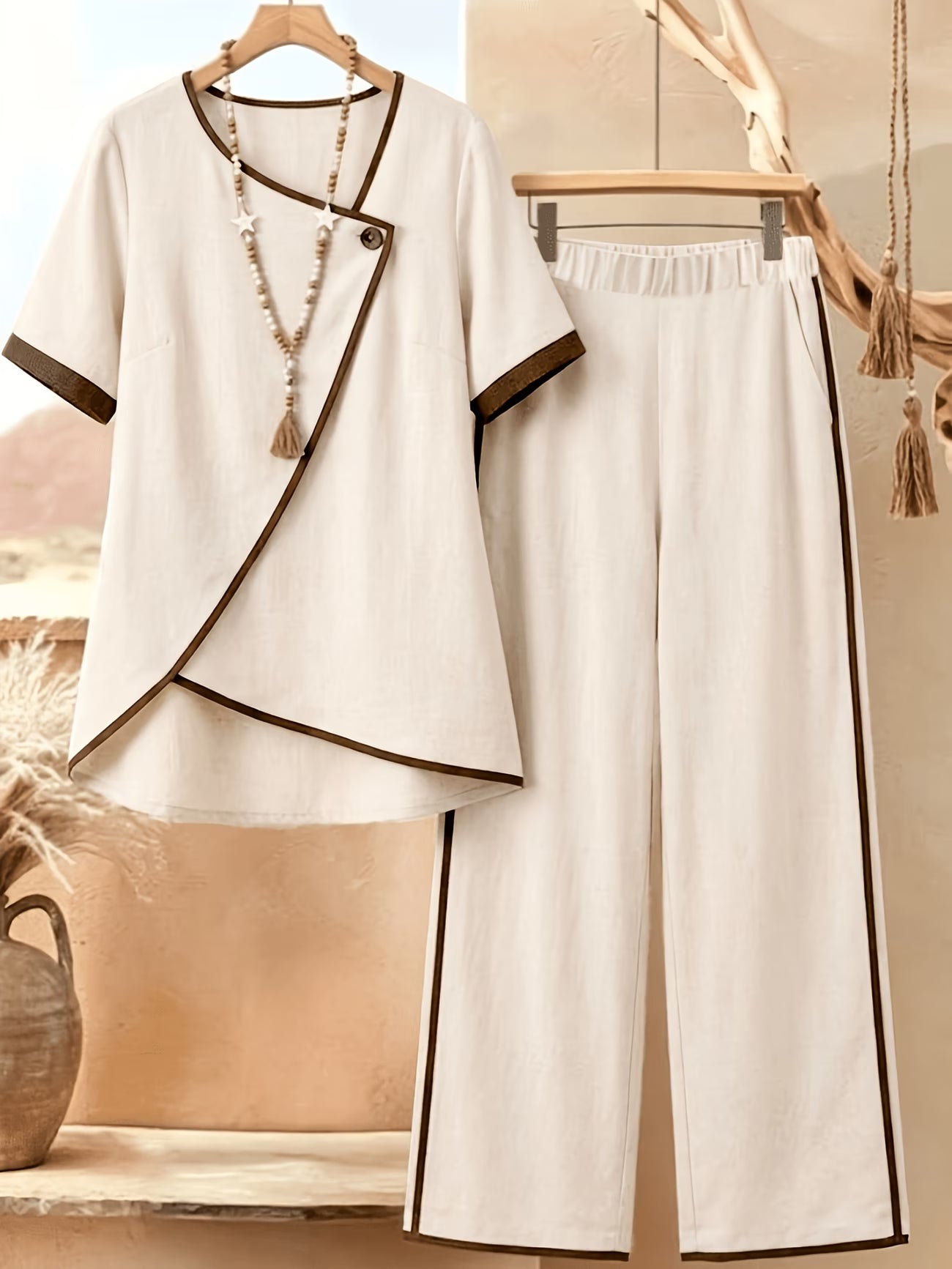 Summer Casual 2-Piece Set | Retro Contrast Short Sleeve & Pants