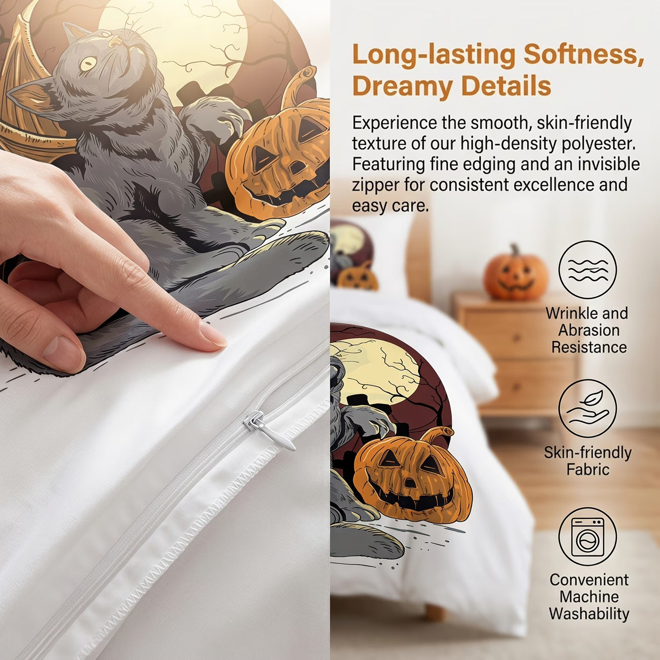 Halloween Cat & Pumpkin Print Duvet Cover Set – 3pcs, Double-Sided Design, Pure White Reverse (Inserts Not Included)