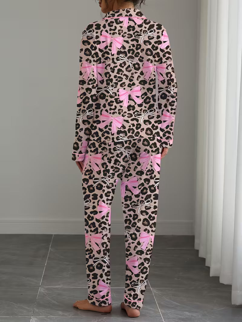 2pcs Leopard Print Bow Print Women'S Pajama Set,