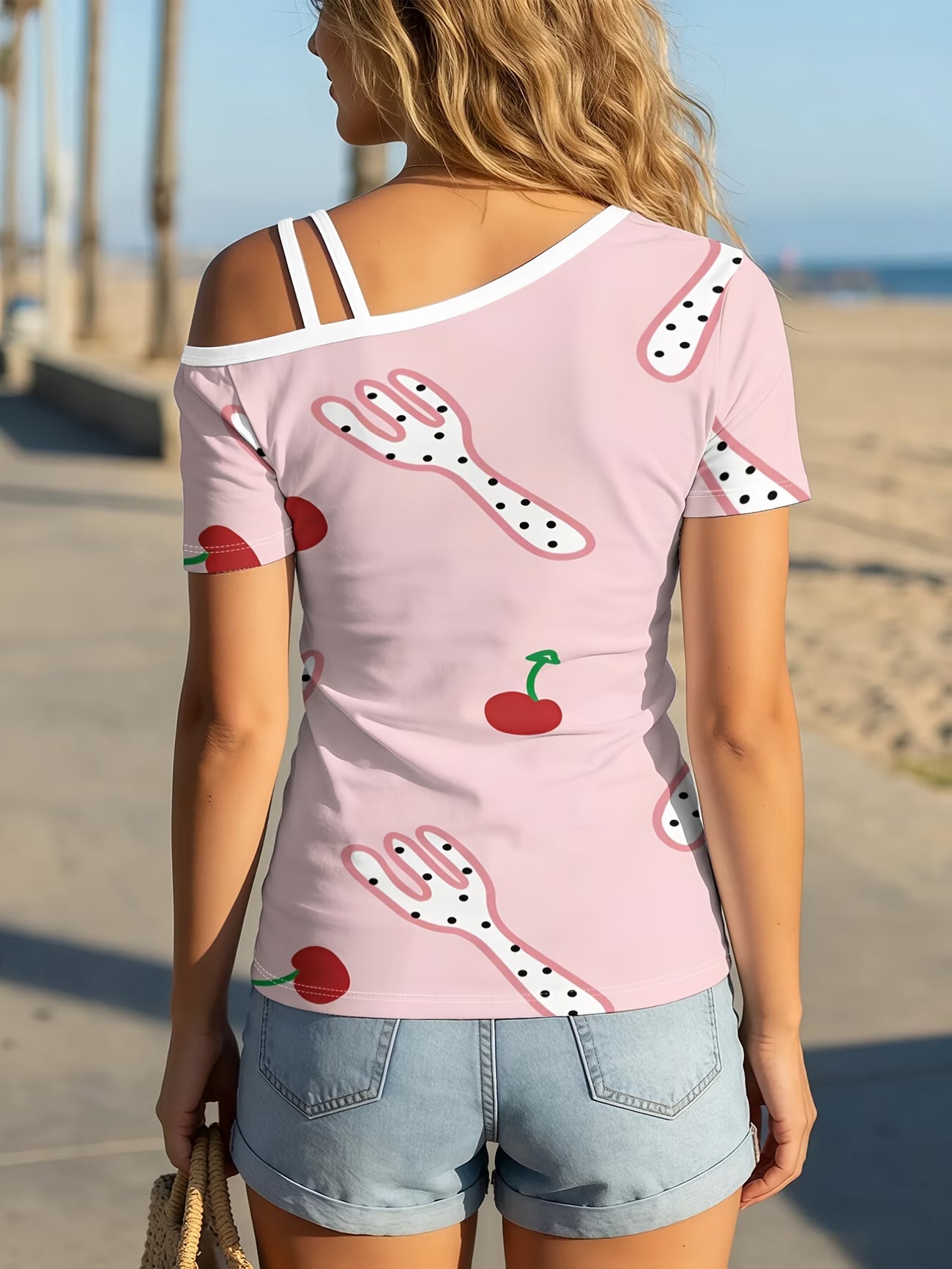 Fork & Cherry PatternWomen's One-shoulder Short-sleeve T-shirt with Unique Asymmetrical Design