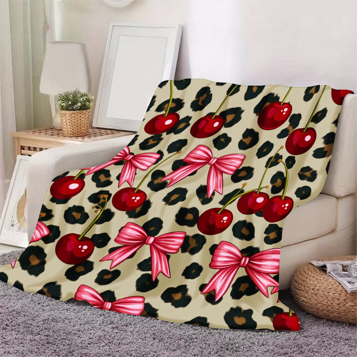 Leopard Cherry & Pink Bow Flannel Blanket