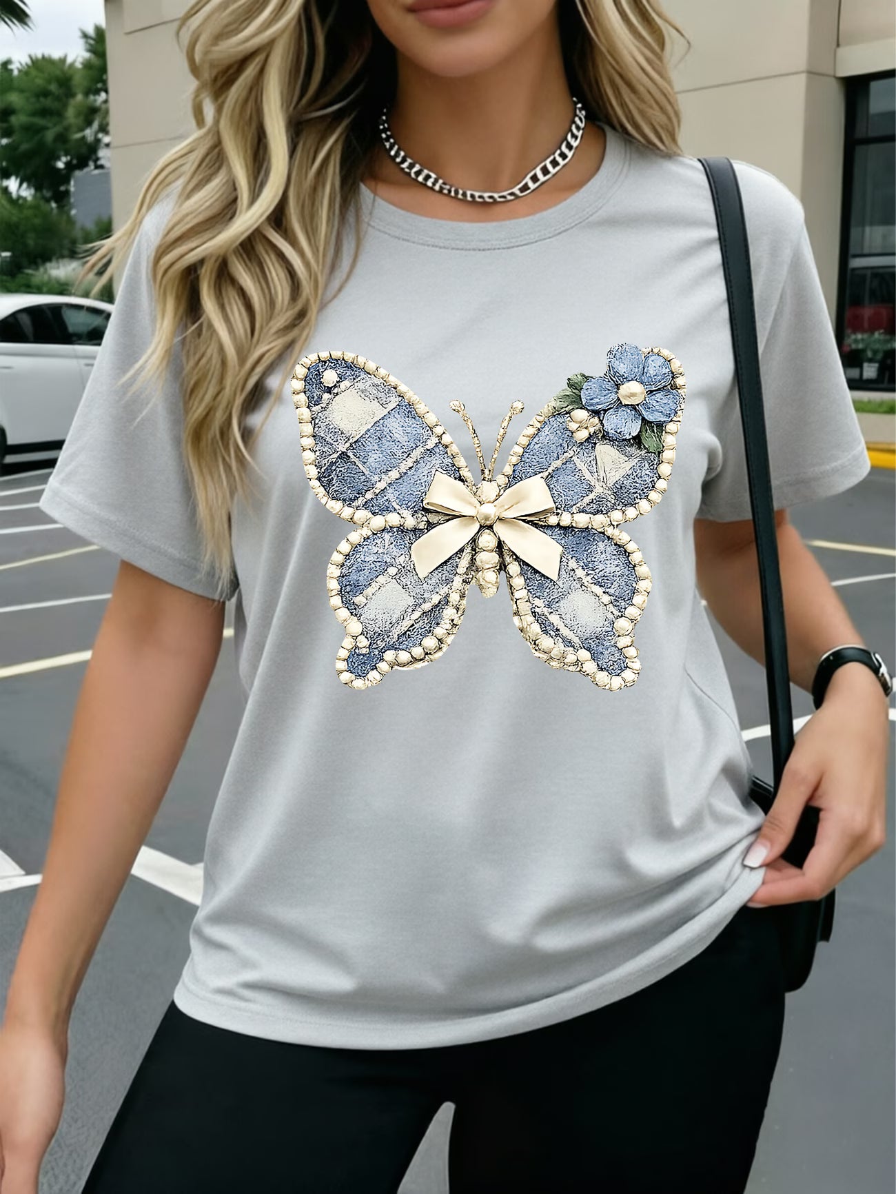 Denim T-Shirt - Soft Pearl Bow & Heart