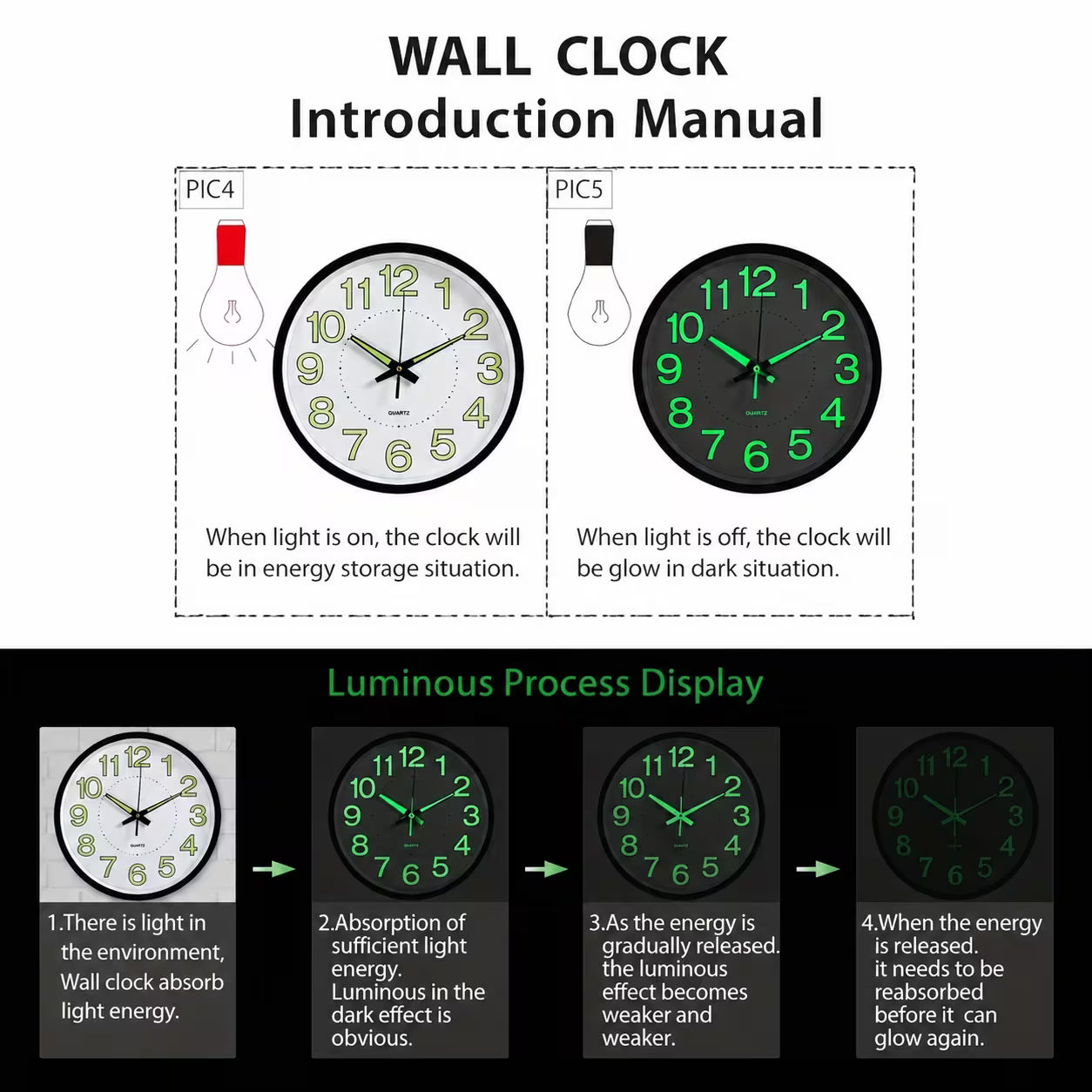 12" Glow in The Dark Wall Clock – Luminous Silent Quartz