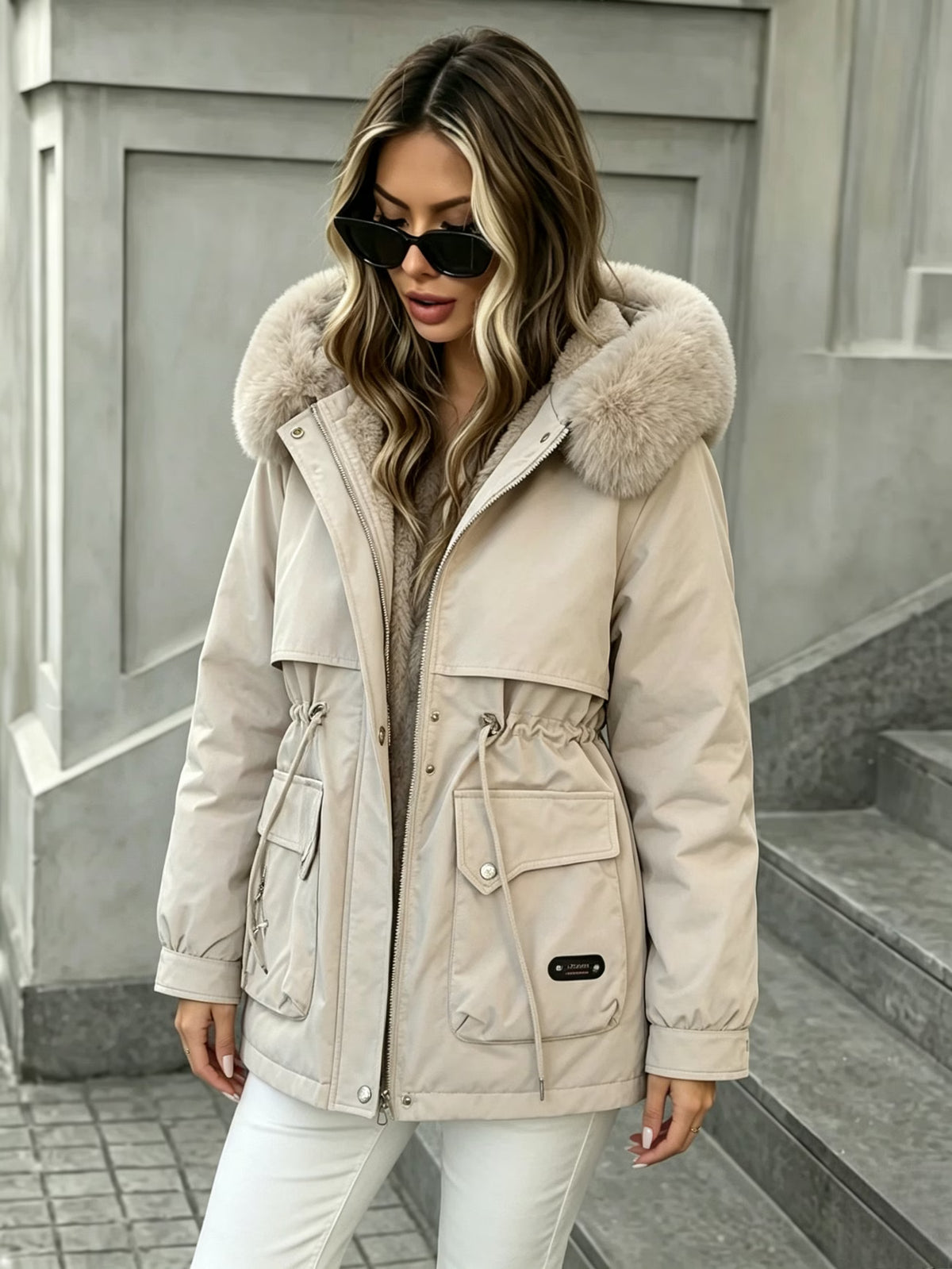 Women's Fleece-Lined Winter Parka – Big Hood, Drawstring Waist & Pockets