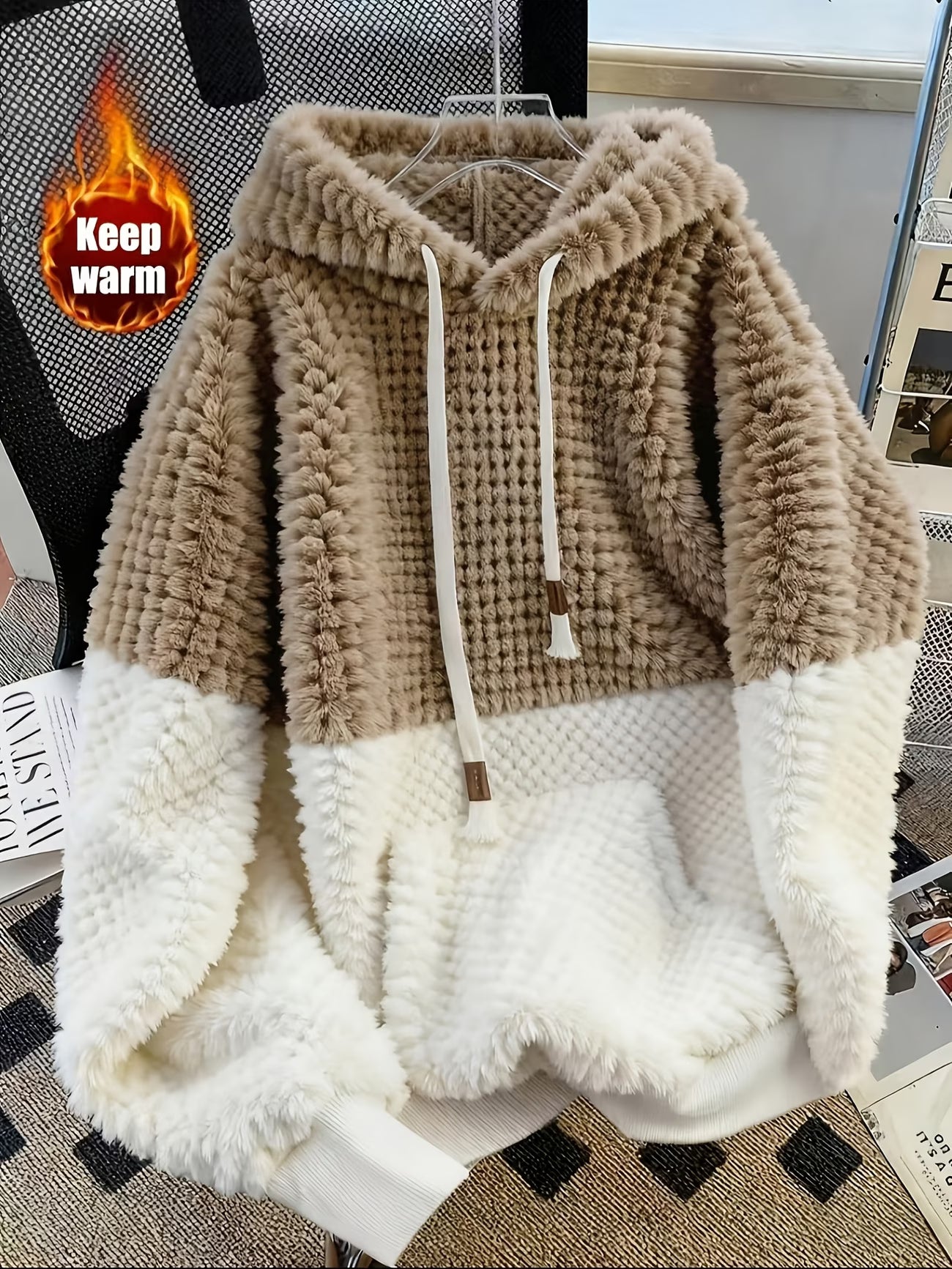 Plush Hooded Pullover Sweatshirt – Soft Patchwork Fleece Top