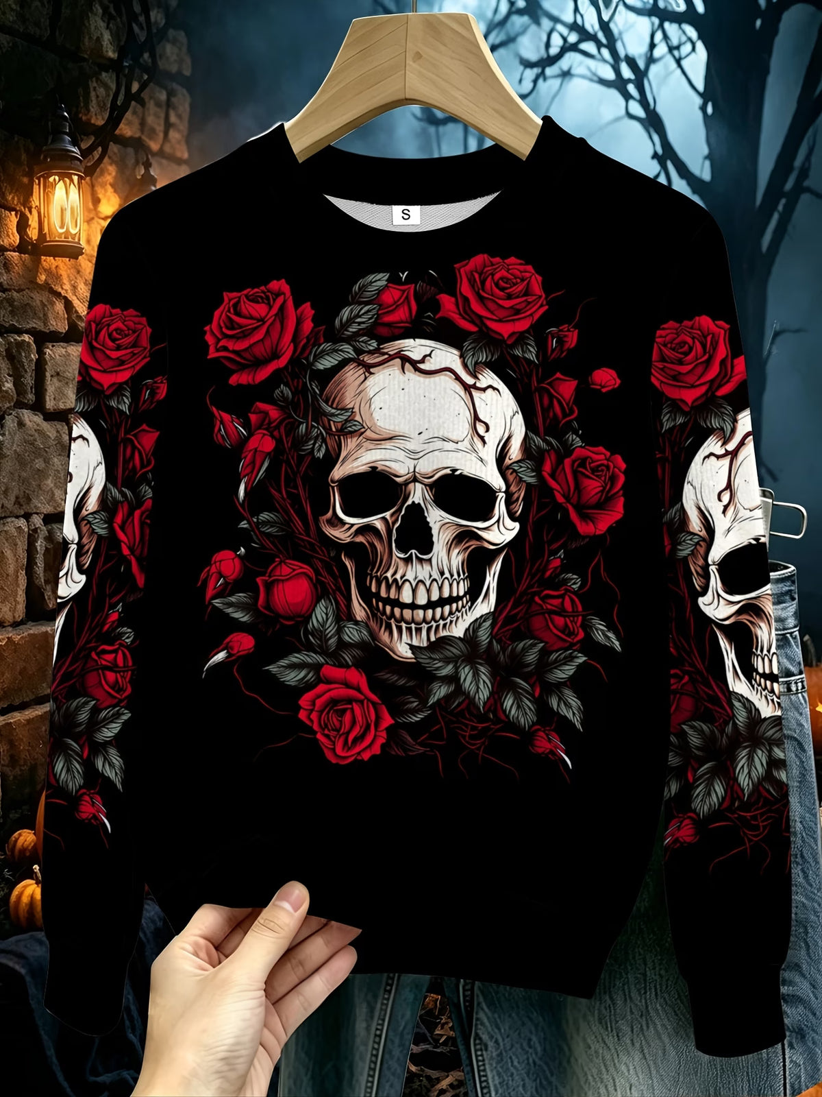Women's Gothic Skull & Rose Print Long-Sleeve Top
