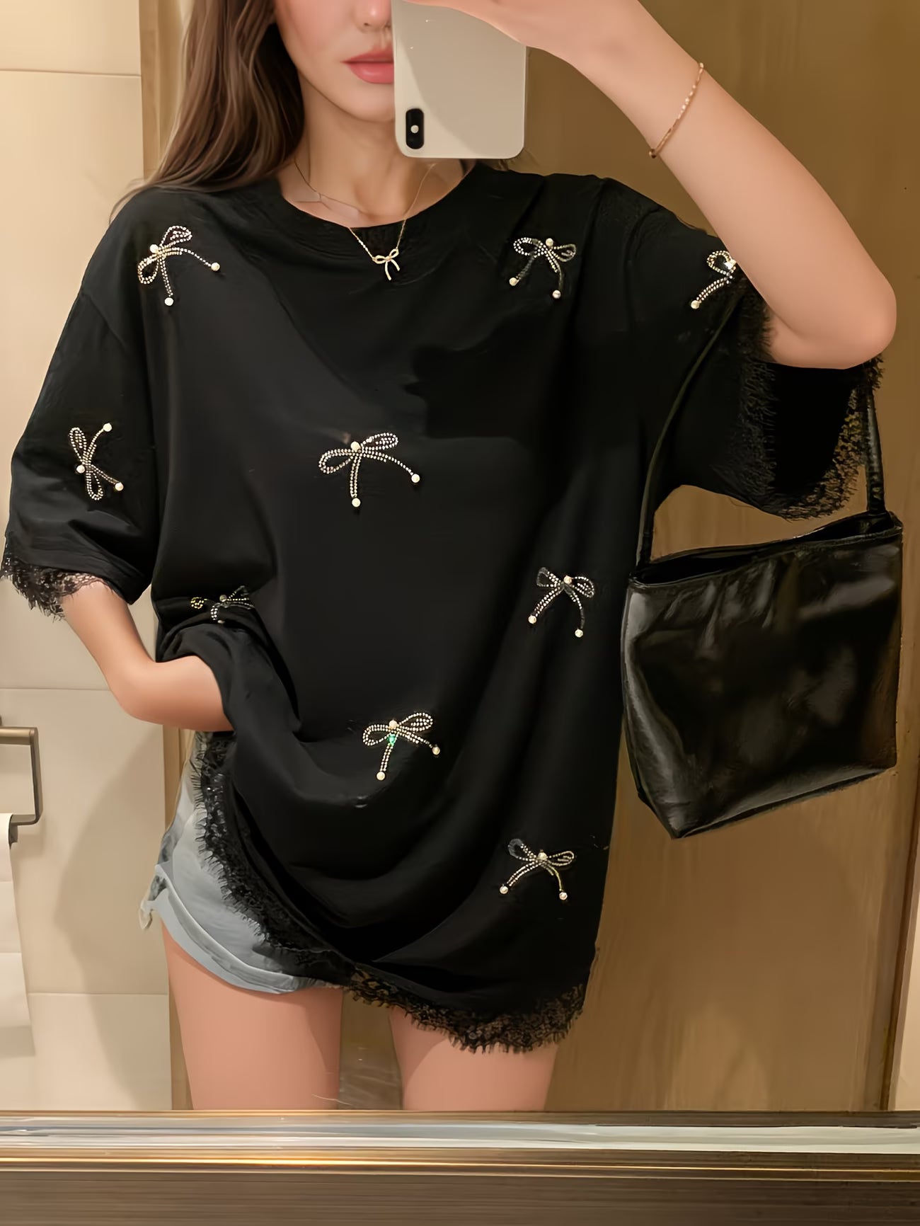 plus size Rhinestone Embellished Pearl Eyelash Lace T-Shirt