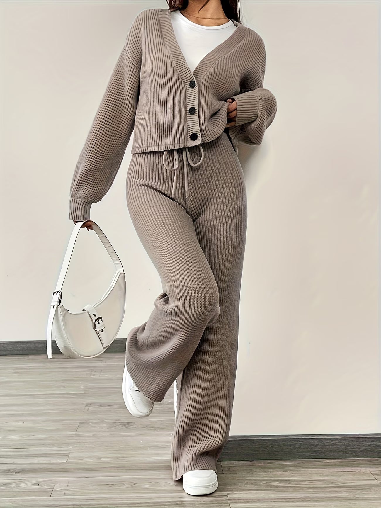 Solid-Color Cardigan and Pants Casual Two- Piece Set, Stylish