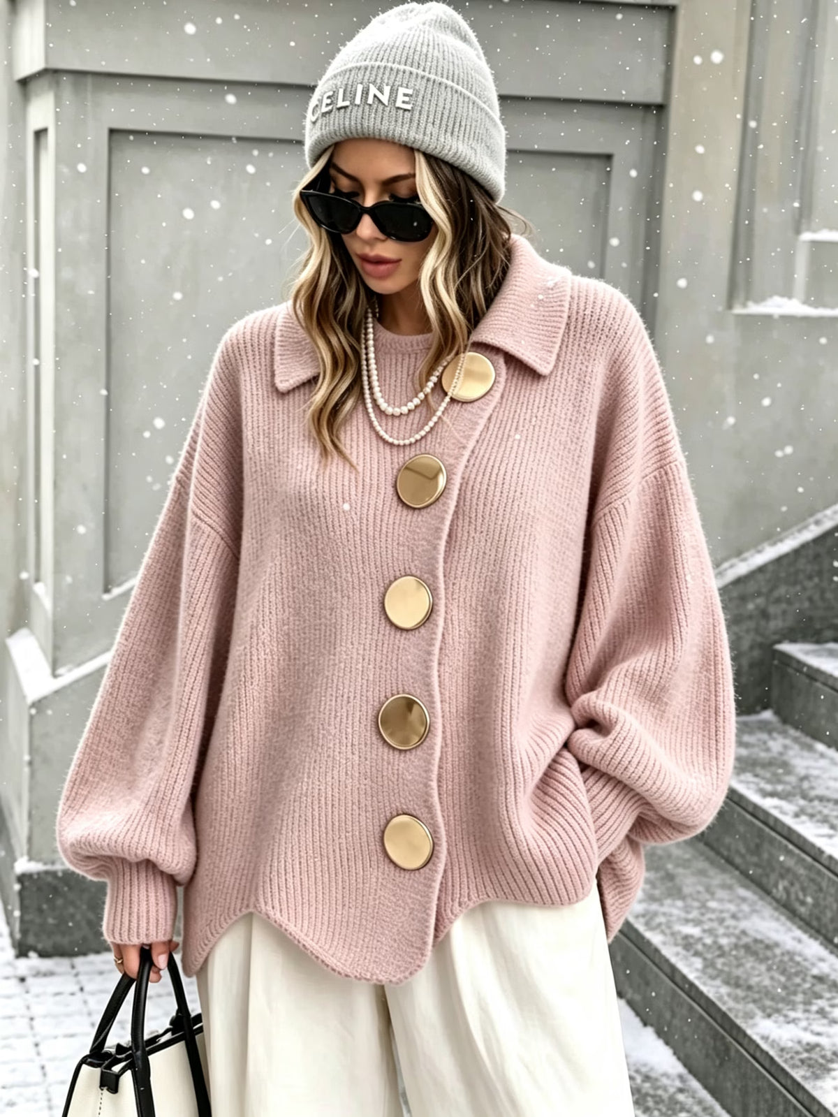 Women's Button-Up Cardigan – Lantern Sleeves, Asymmetric Lapel & Irregular Hem