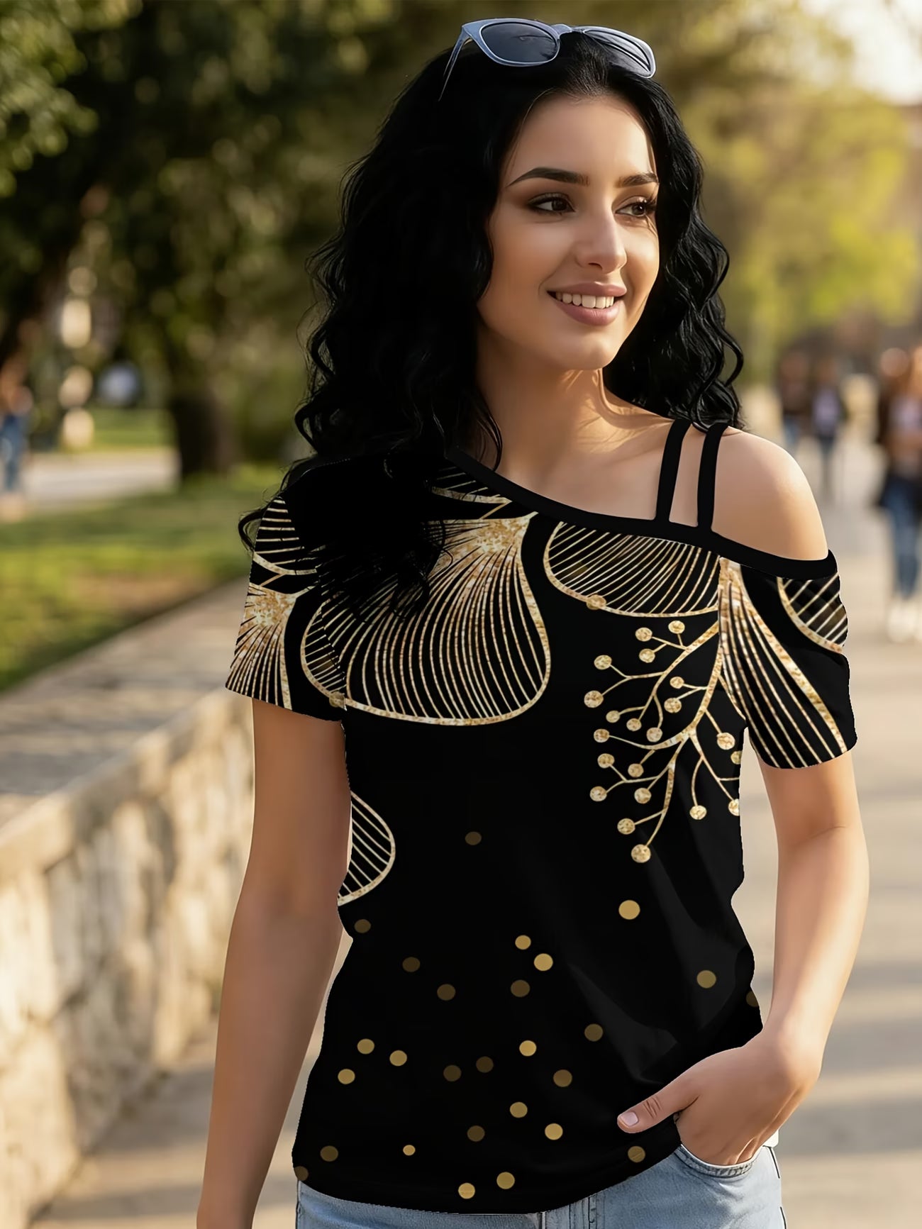 Golden Ginkgo Branch Women'S One-Shoulder Short-Sleeve T-Shirt with Unique Asymmetrical Design