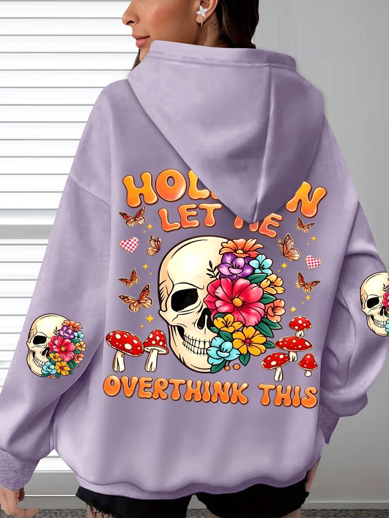 Women's Back Print Hooded Sweatshirt – Vintage Flower, Skull & Mushroom Design