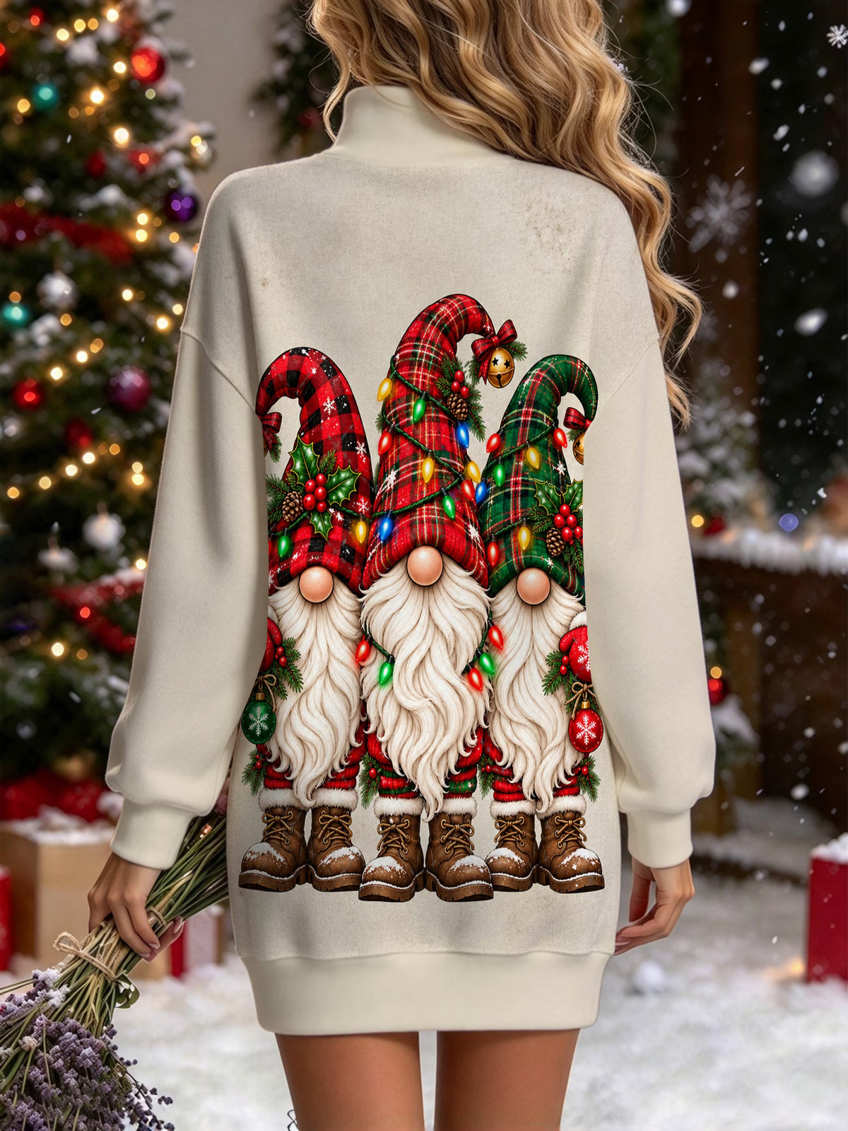Women's Christmas Gnome Print High-Neck Sweatshirt