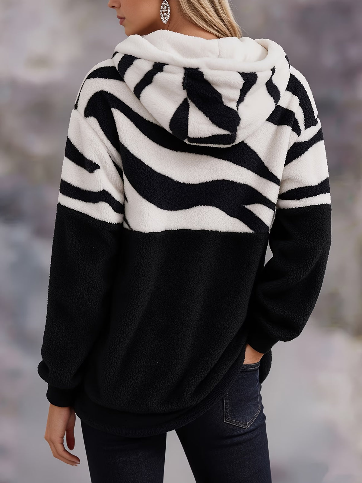 Women's Zebra Patchwork Plush Hooded Jacket