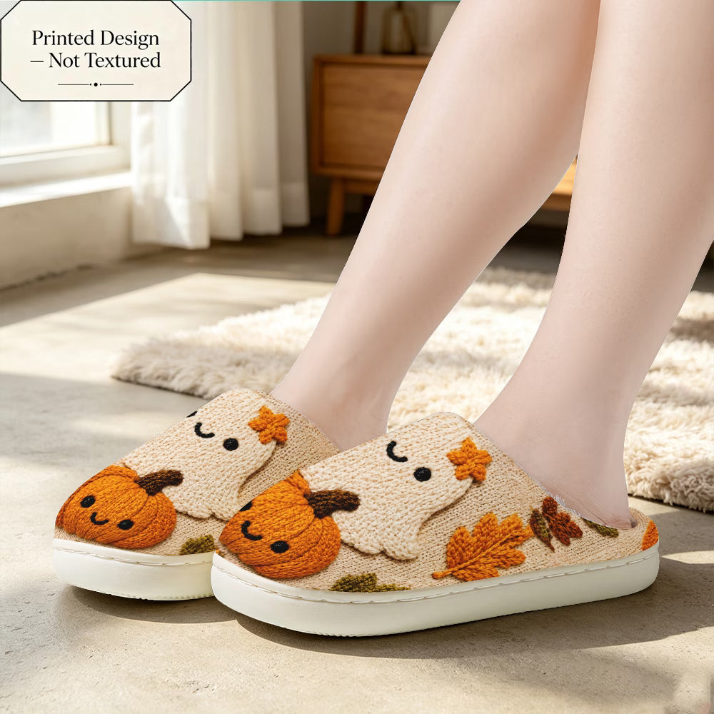 Cartoon Pumpkin & Autumn Leaf Pattern Slippers