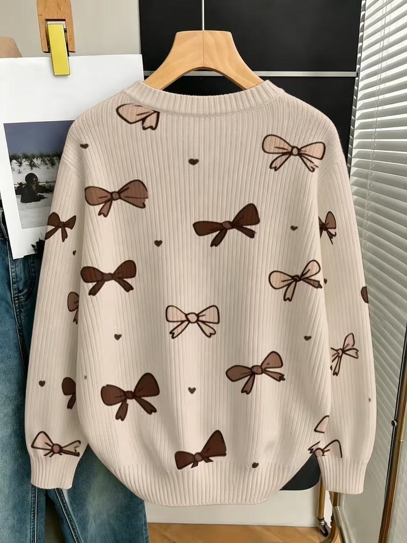 Women's Brown Bow Print Pullover Sweater