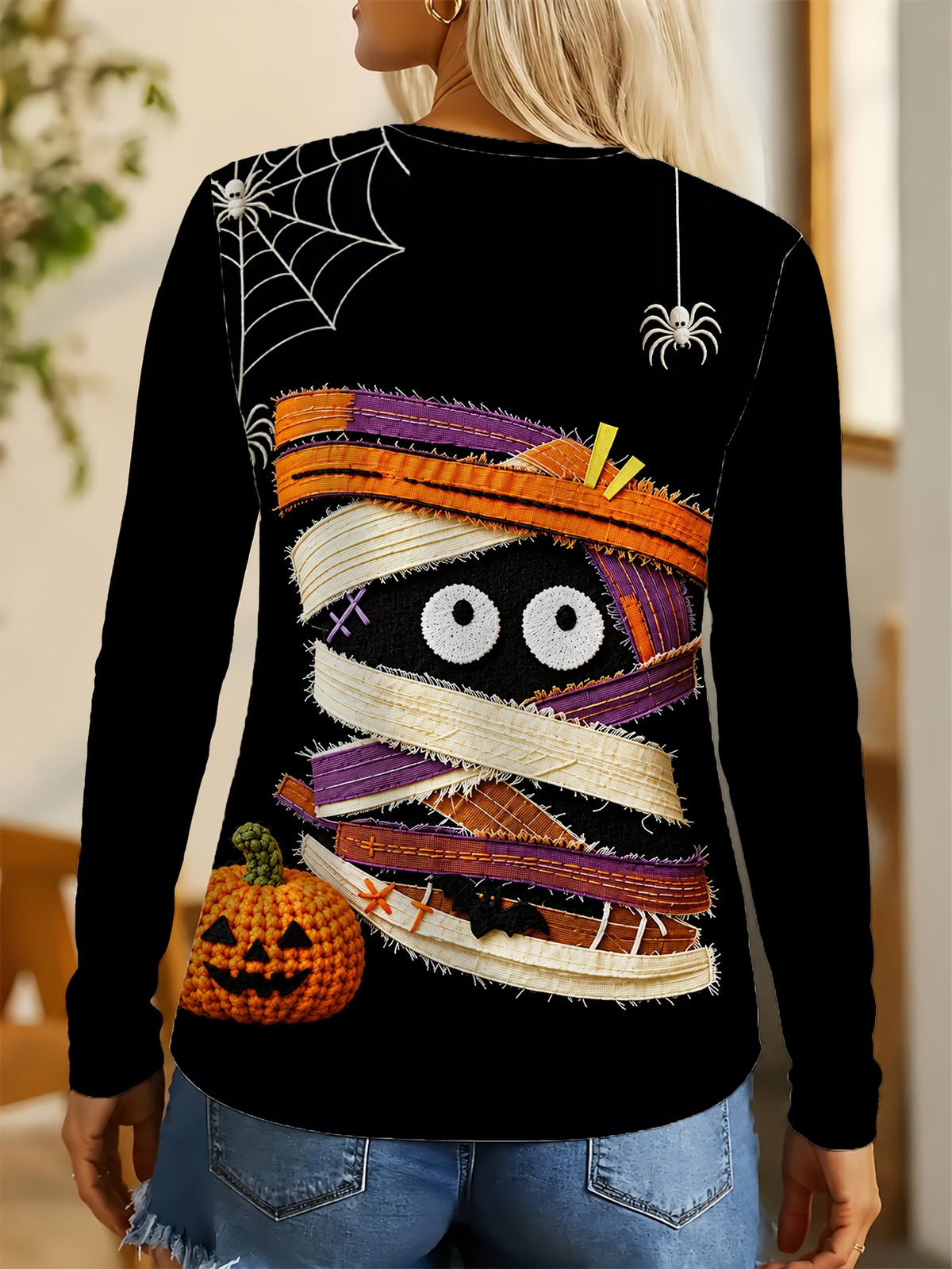 Halloween Mummy, Pumpkin & Spider Print Long Sleeve Top