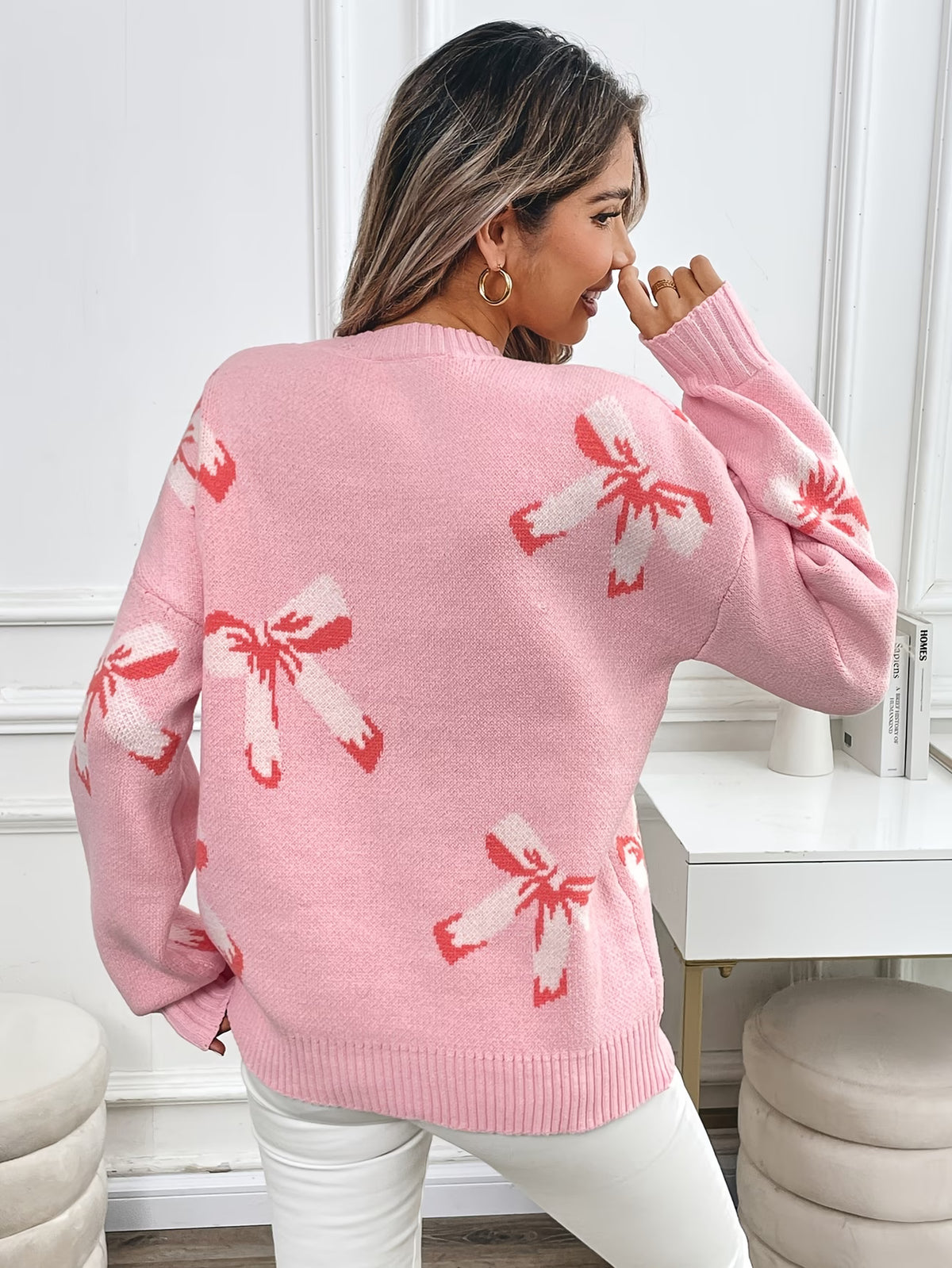 Women's Pink Bow Pattern Round-Neck Jumper