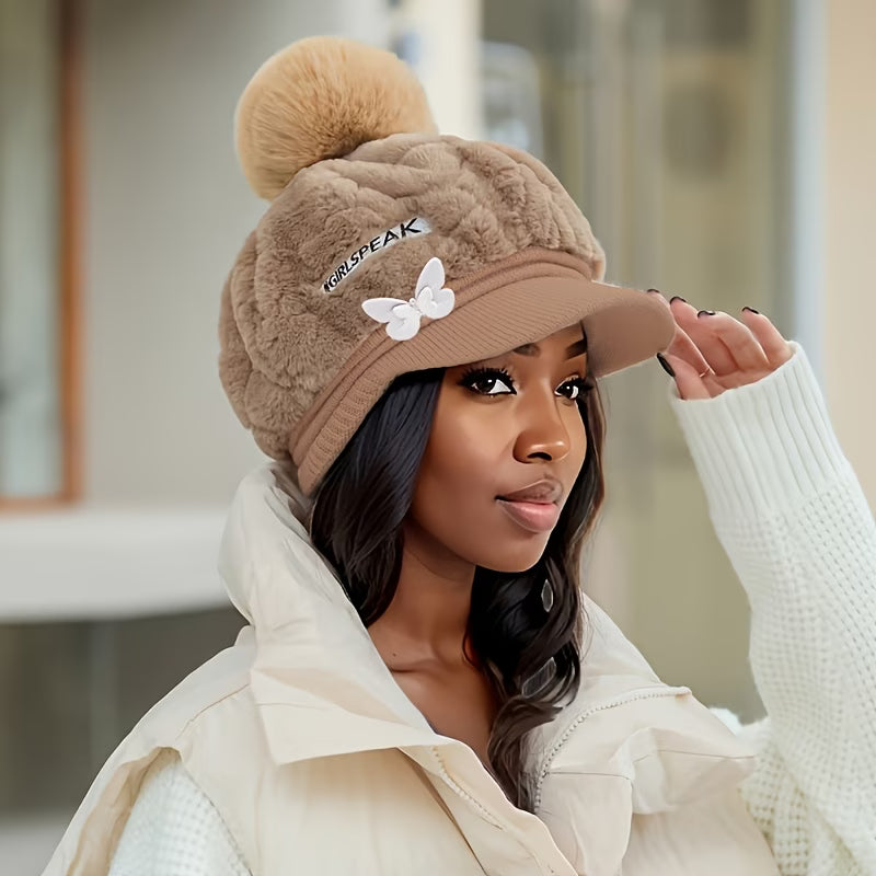 Women's Plush Fleece Duckbill Beanie Hat – Letter & Butterfly Embellishments