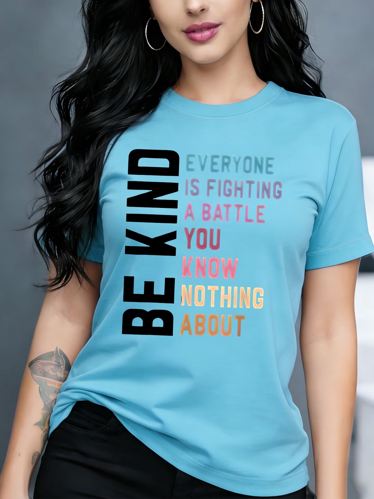 Women's "Be Kind" Letter Print T-Shirt — Crew Neck