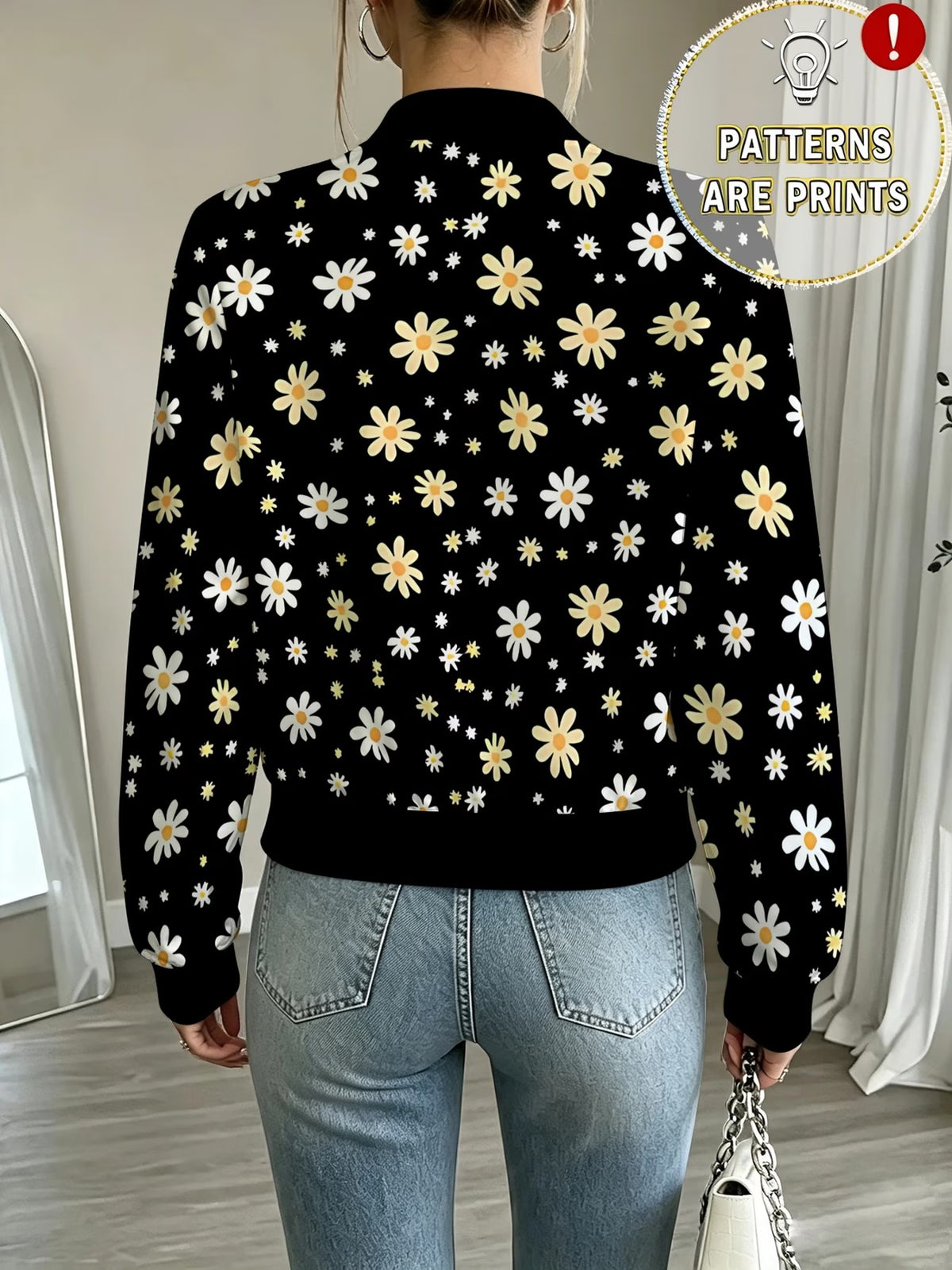 Women's Black Daisy & Star Print Zip-Up Baseball Jacket