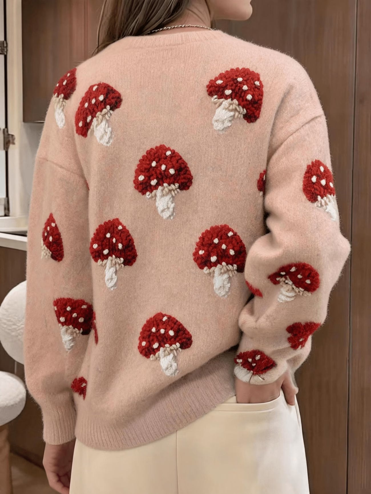 3D Velvet Mushroom Print Pullover Sweater – Drop Shoulder Lazy-Fit