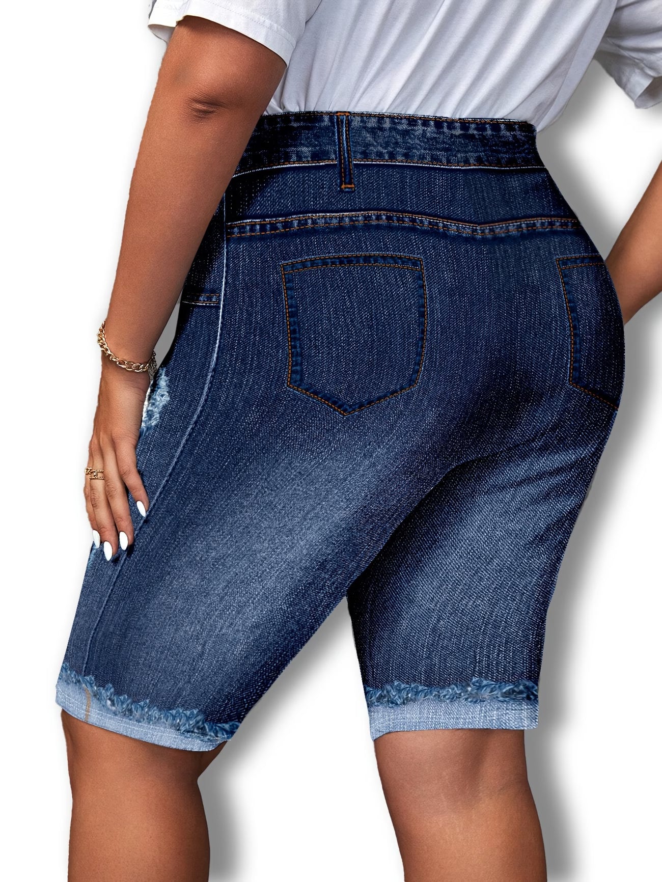 Women's Tight-Fitting Shorts — Deep Blue Faux Denim Look