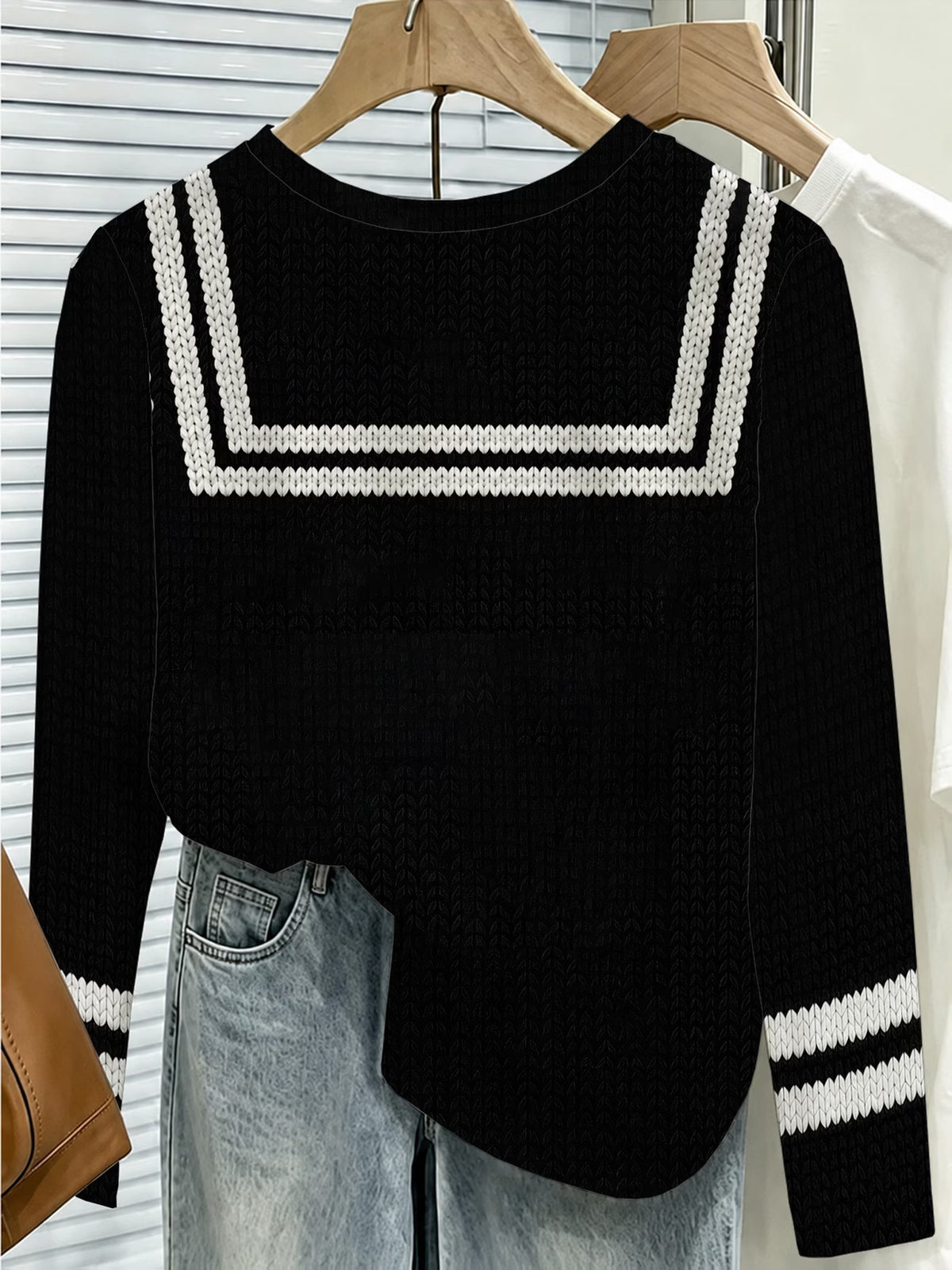 Black Sailor Bow Print Crew Neck Long Sleeve Top a flat 2D print,
