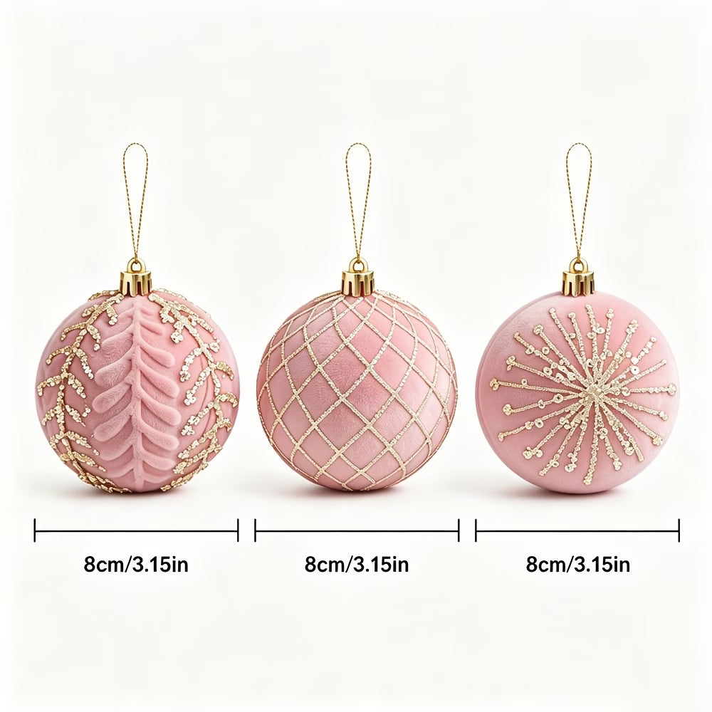 Pink Velvet Christmas Ball Set - 6pcs, Rhinestone Snowflakes, Gift Box