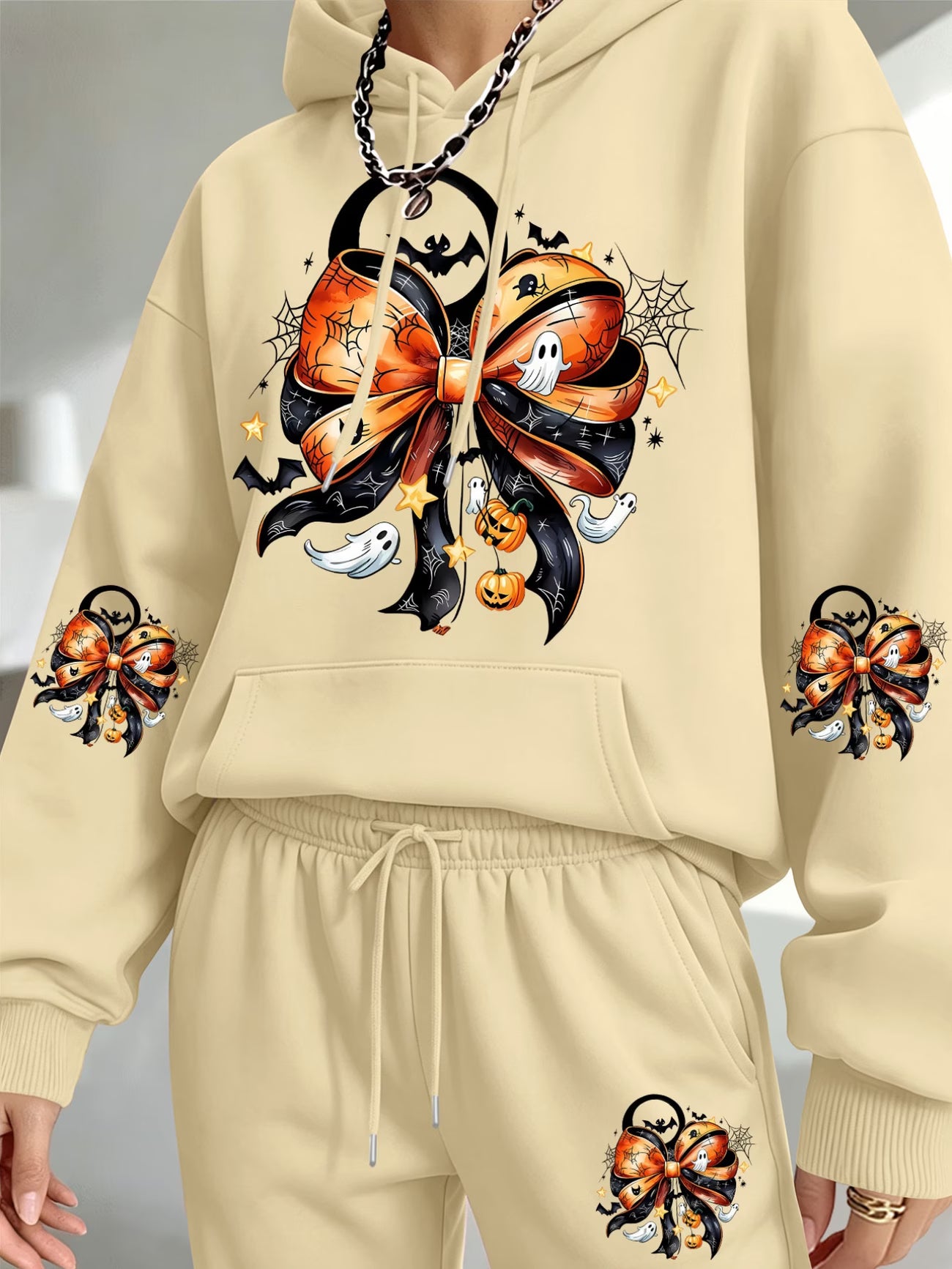 Halloween Pumpkin & Bow Print Hooded Sweatshirt & Sweatpants Set