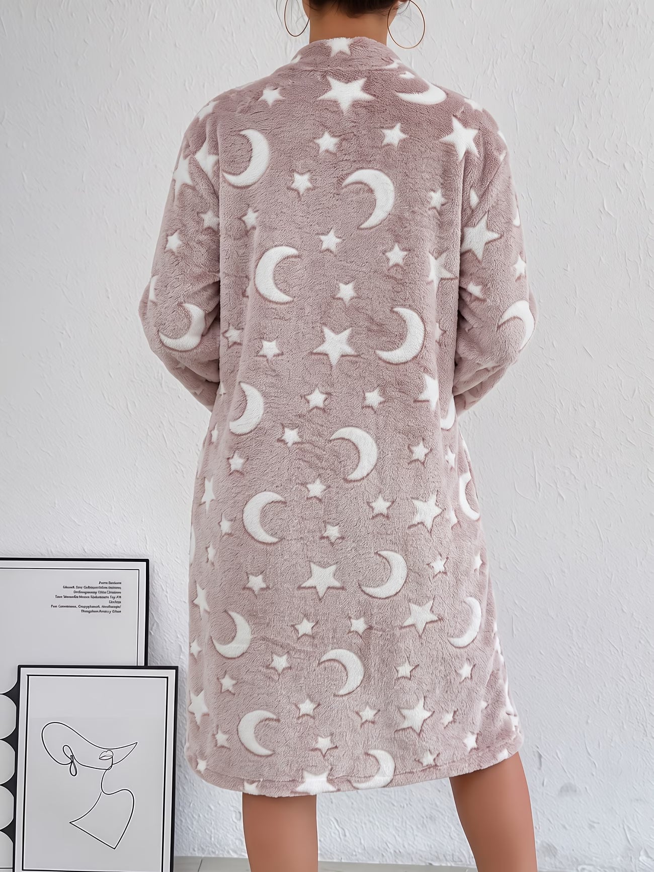 Women's Flannel Starry Moon Pattern Zippered Robe