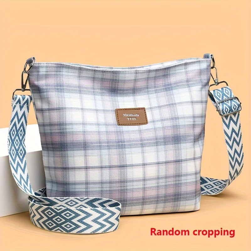 Ladies' Leisure Large-capacity Messenger Bag Tote Bag, Plaid Decorative Nylon Cloth with Wide Shoulder Strap,
