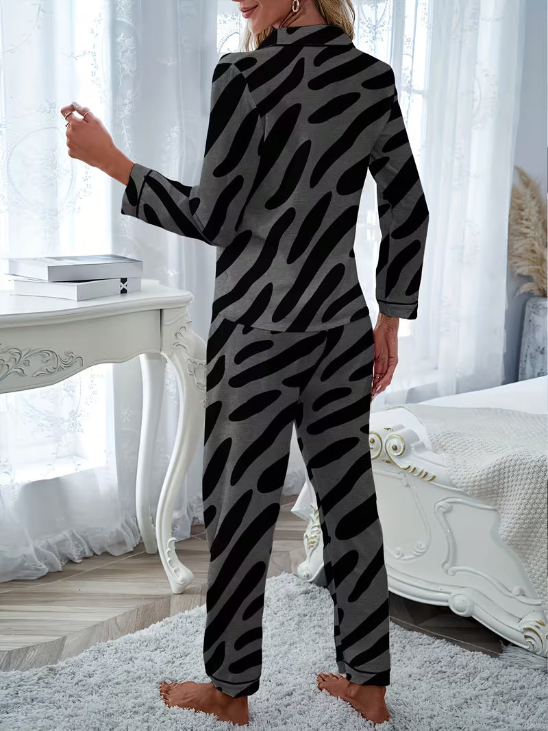 Long-Sleeve Pajama Set with Bubble Geometric Pattern Print